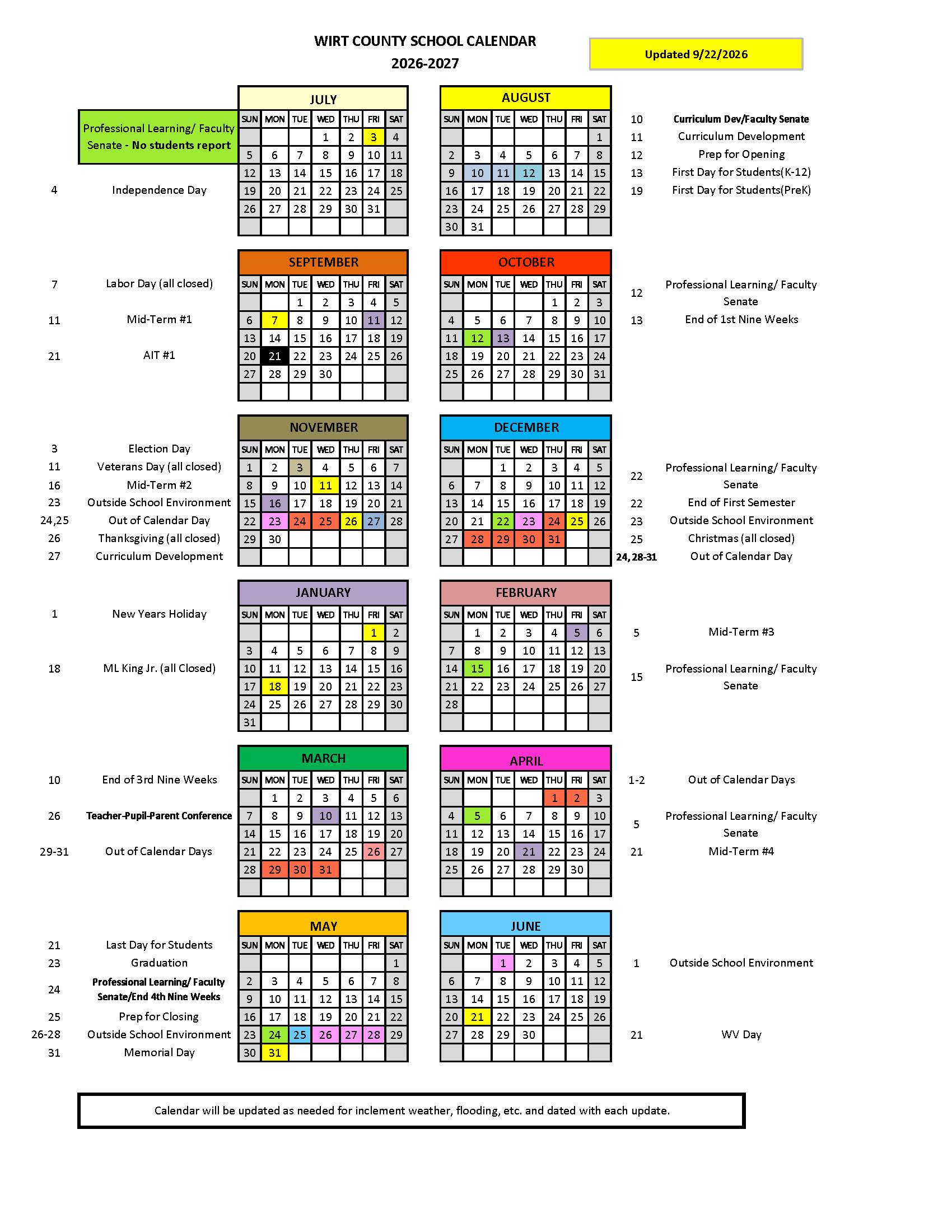 The calendar outlines school year dates, holidays, and instructional periods, including start/end of semesters, breaks, and professional development days. Key events include holidays, teacher conferences, and weather-related adjustments. It emphasizes planning for inclement weather, with updates as needed, and highlights the importance of maintaining instructional continuity and compliance with state requirements.