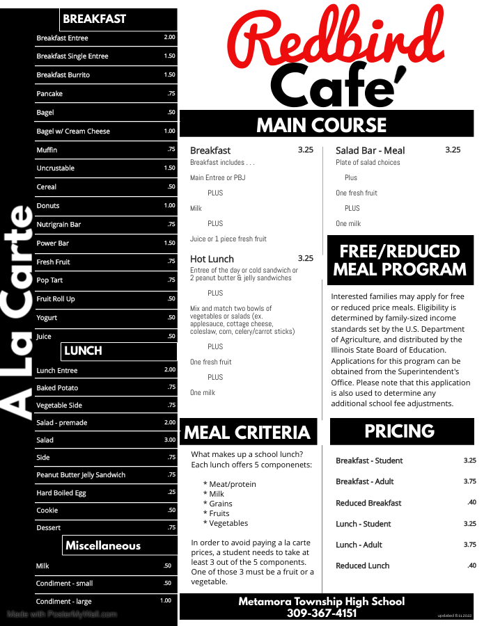 Redbird Cafe Menu 8.11.2022