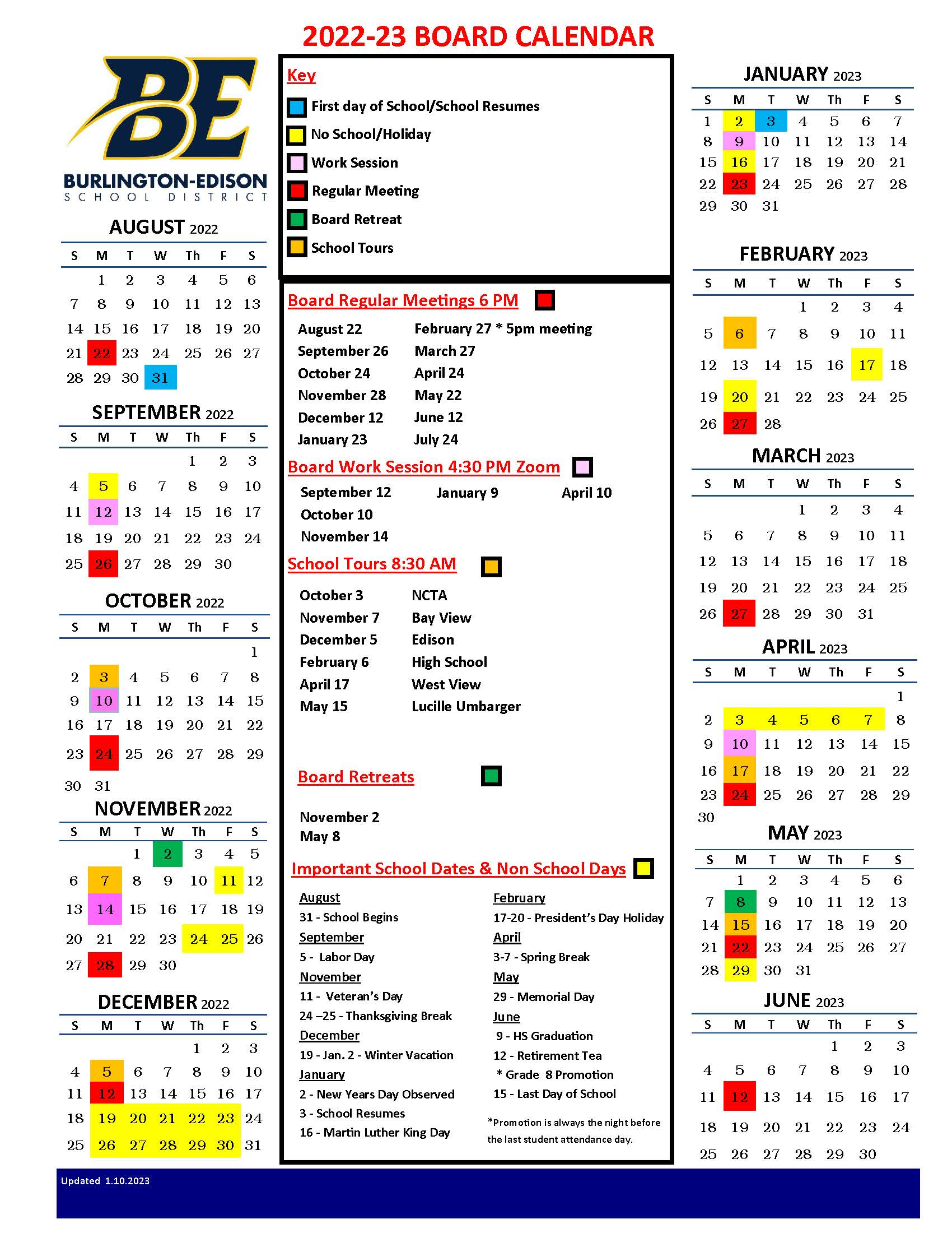 School board calendar - click to open in PDF