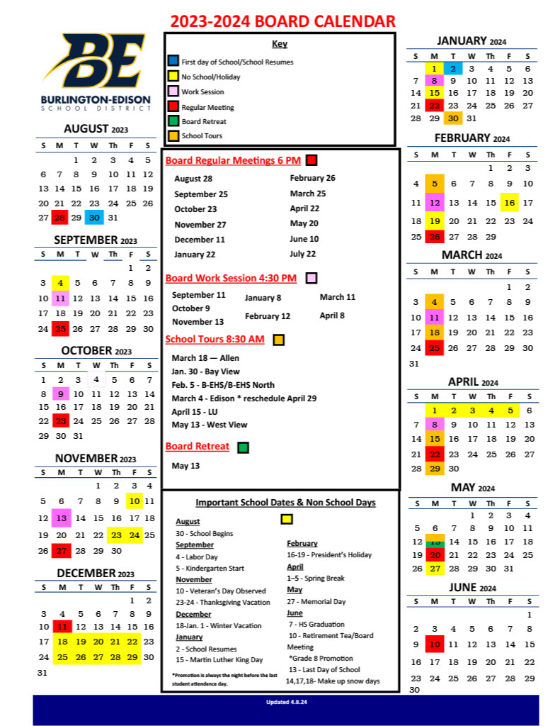 School board calendar - click to open in PDF