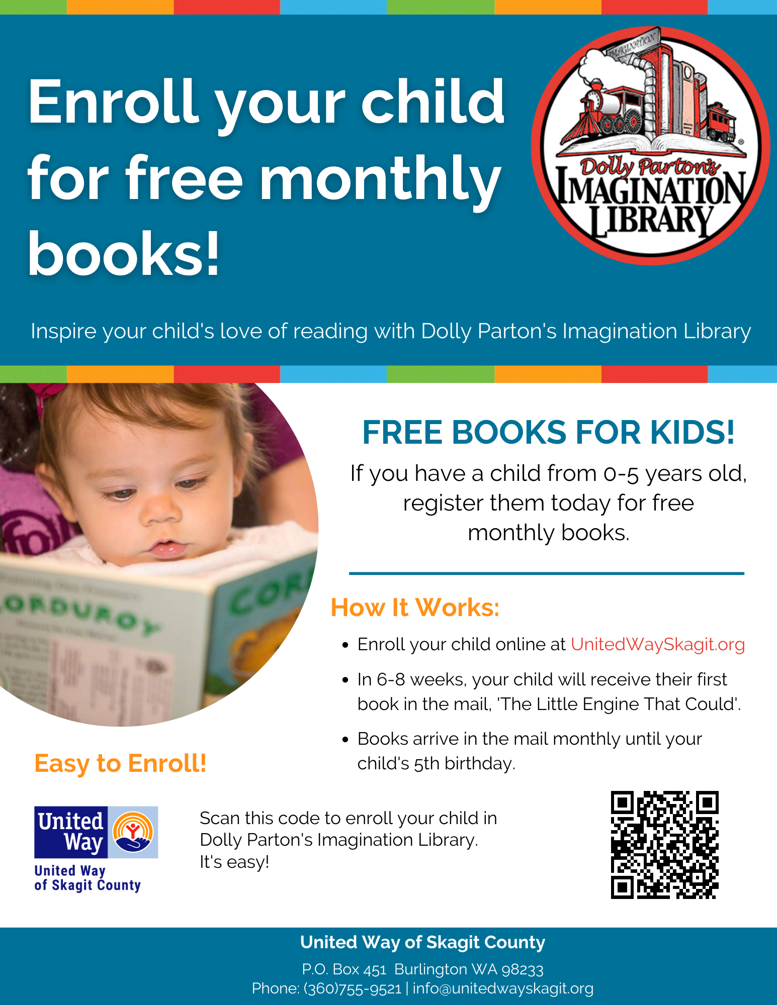 FREE BOOKS FOR KIDS! If you have a child from 0-5 years old, register them today for free monthly books.