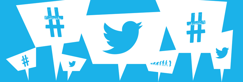 An image of the Twitter icon and hashtags.