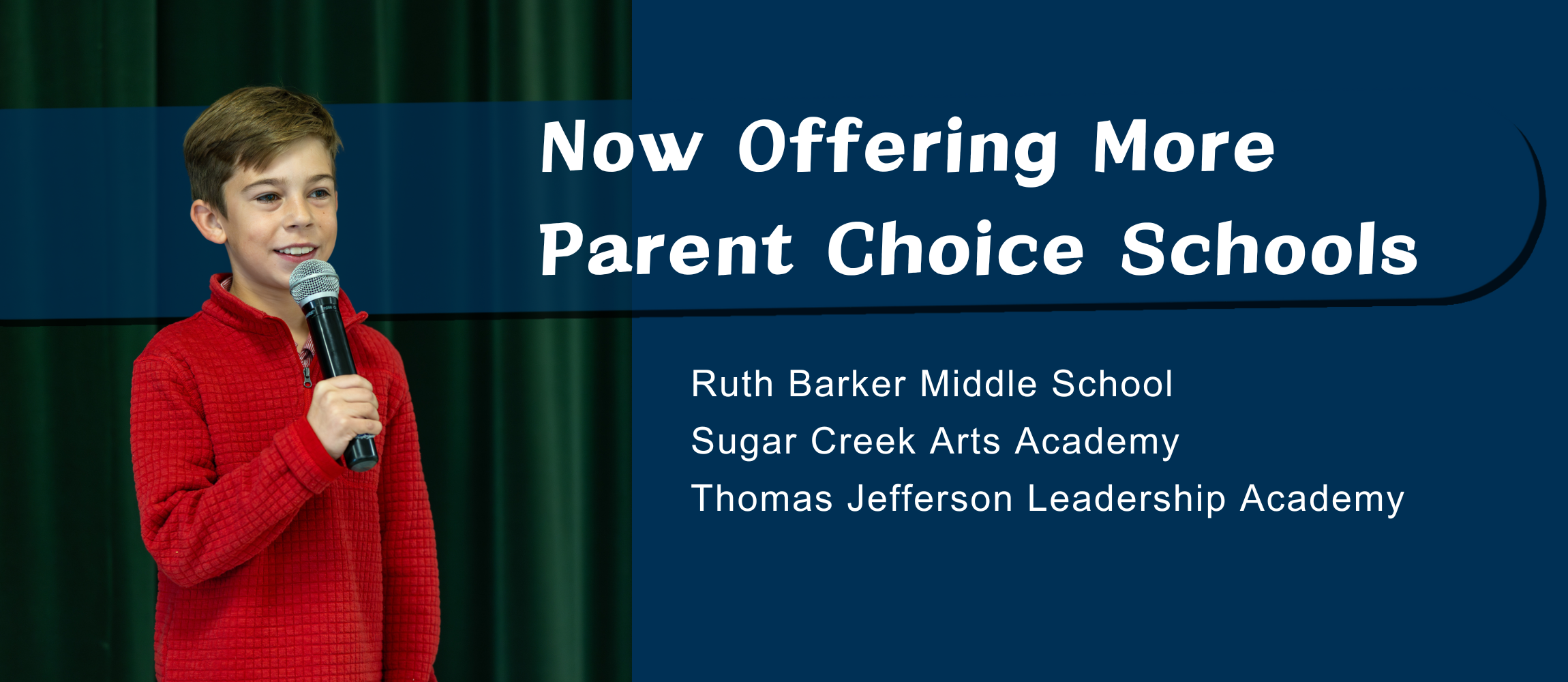 Boy in red sweater speaking into a microphone with text about Parent Choice Schools on a green and blue backdrop