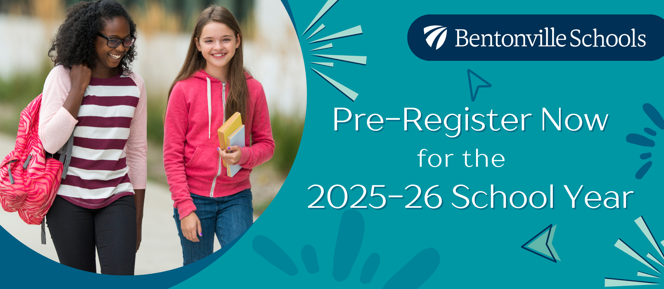 Two girls in a round frame with text "Pre-Register Now  for the 2025-26 School Year"