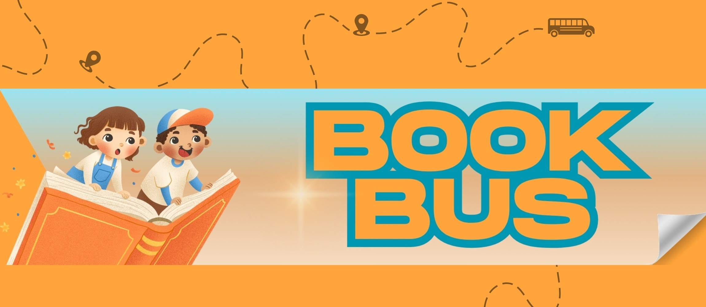A cartoon girl and boy riding an orange book over an orange bus stop map with text "Book Bus"