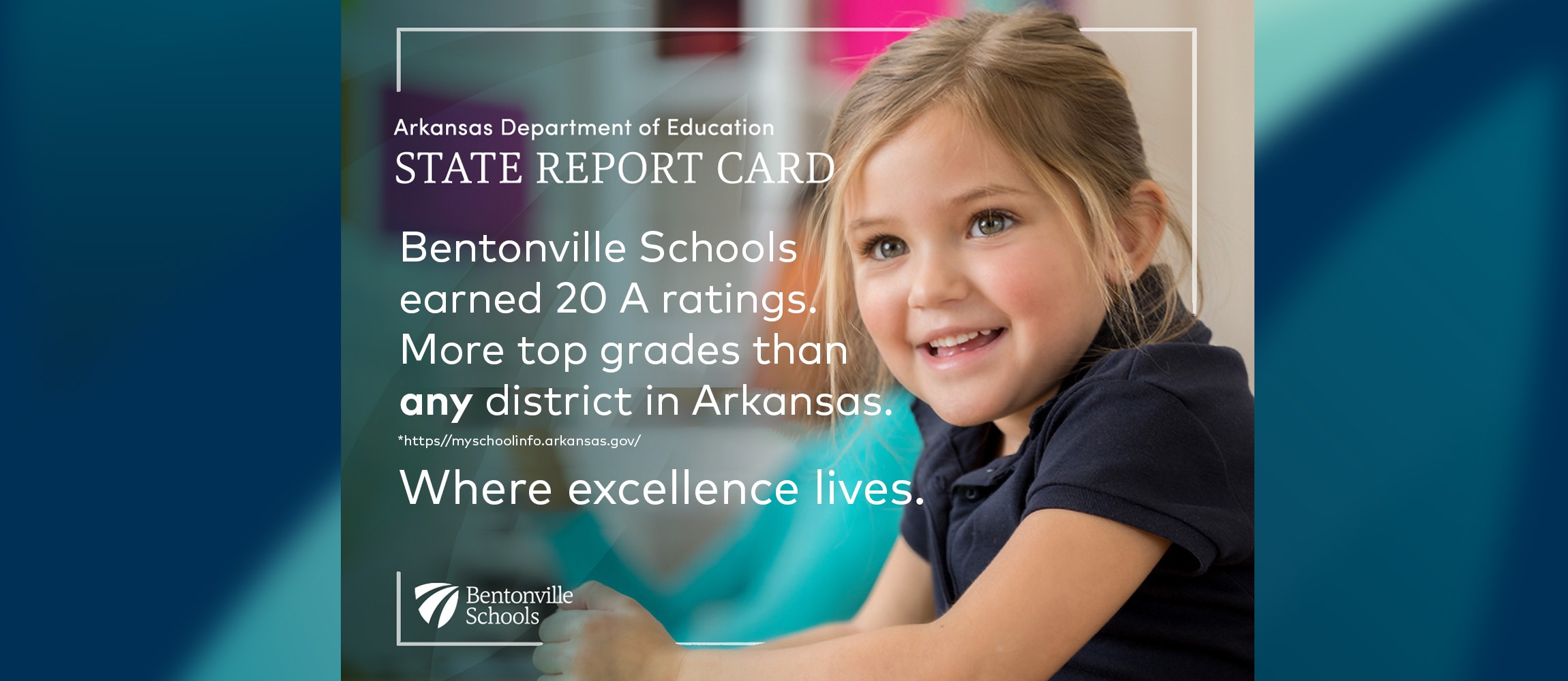 State Report Card info graphic with little girl smiling in a collared navy shirt