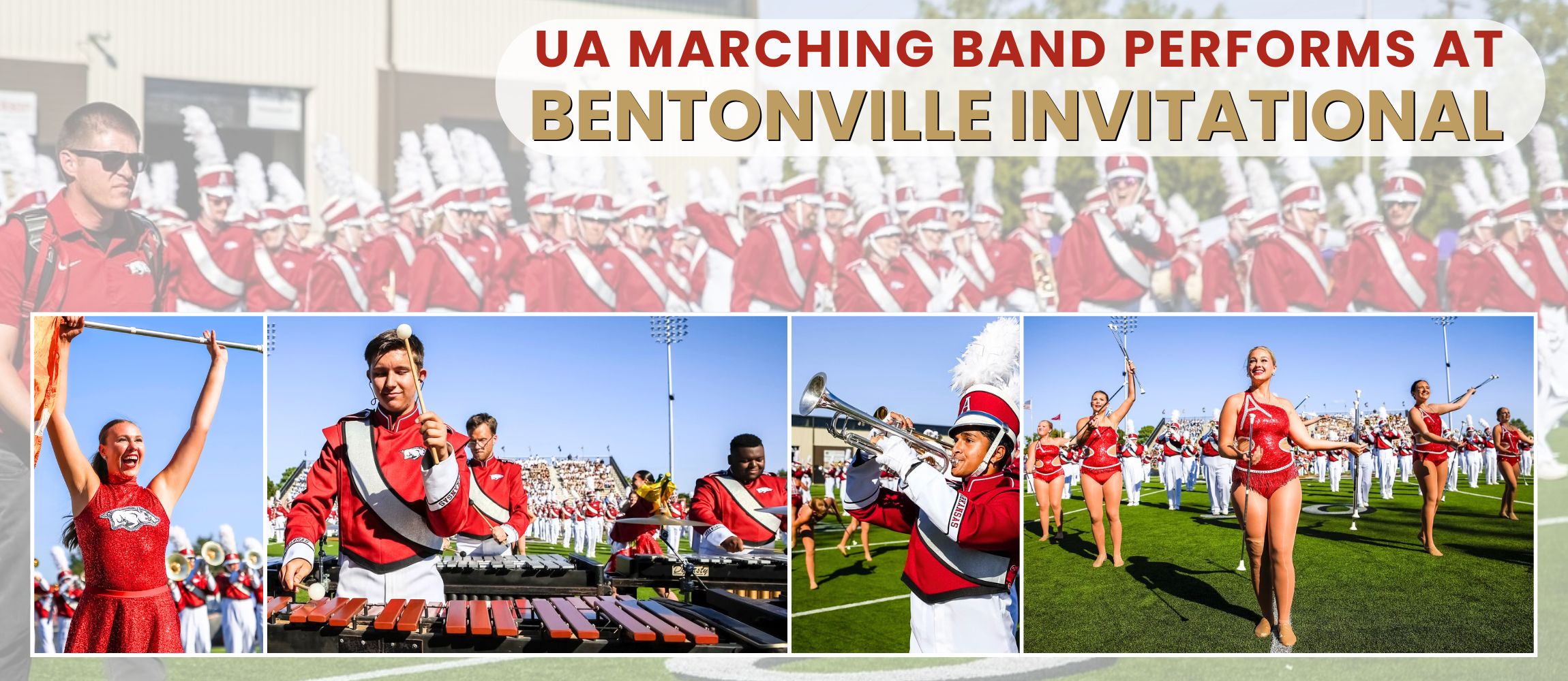 Photo collage of UA marching band performing in red and white uniforms on footbal field