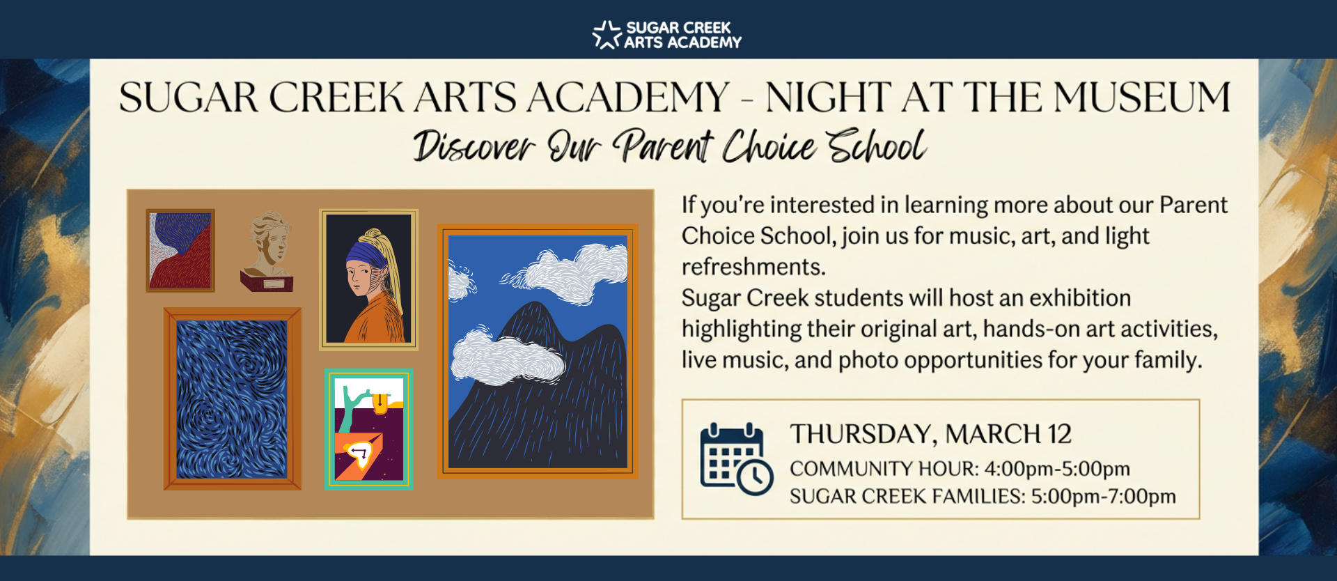 Sugar Creek Arts Academy is hosting a Night at the Museum community hour on Thursday, March 12!