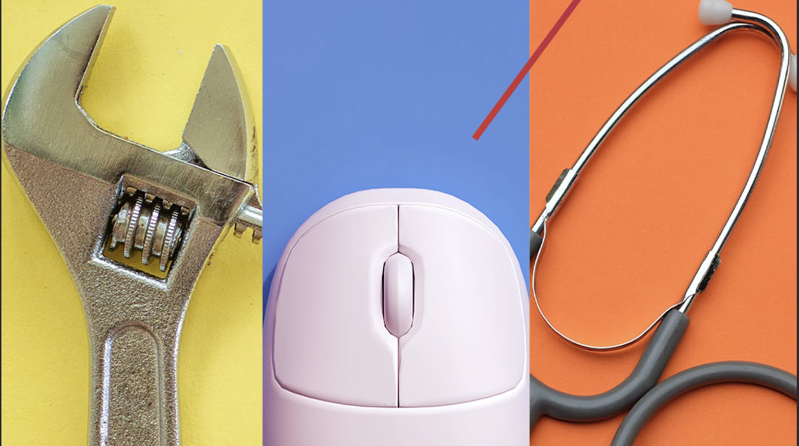 collage of metal wrench, pink mouse, and grey stethoscope on yellow, blue, and orange backgrounds respectively