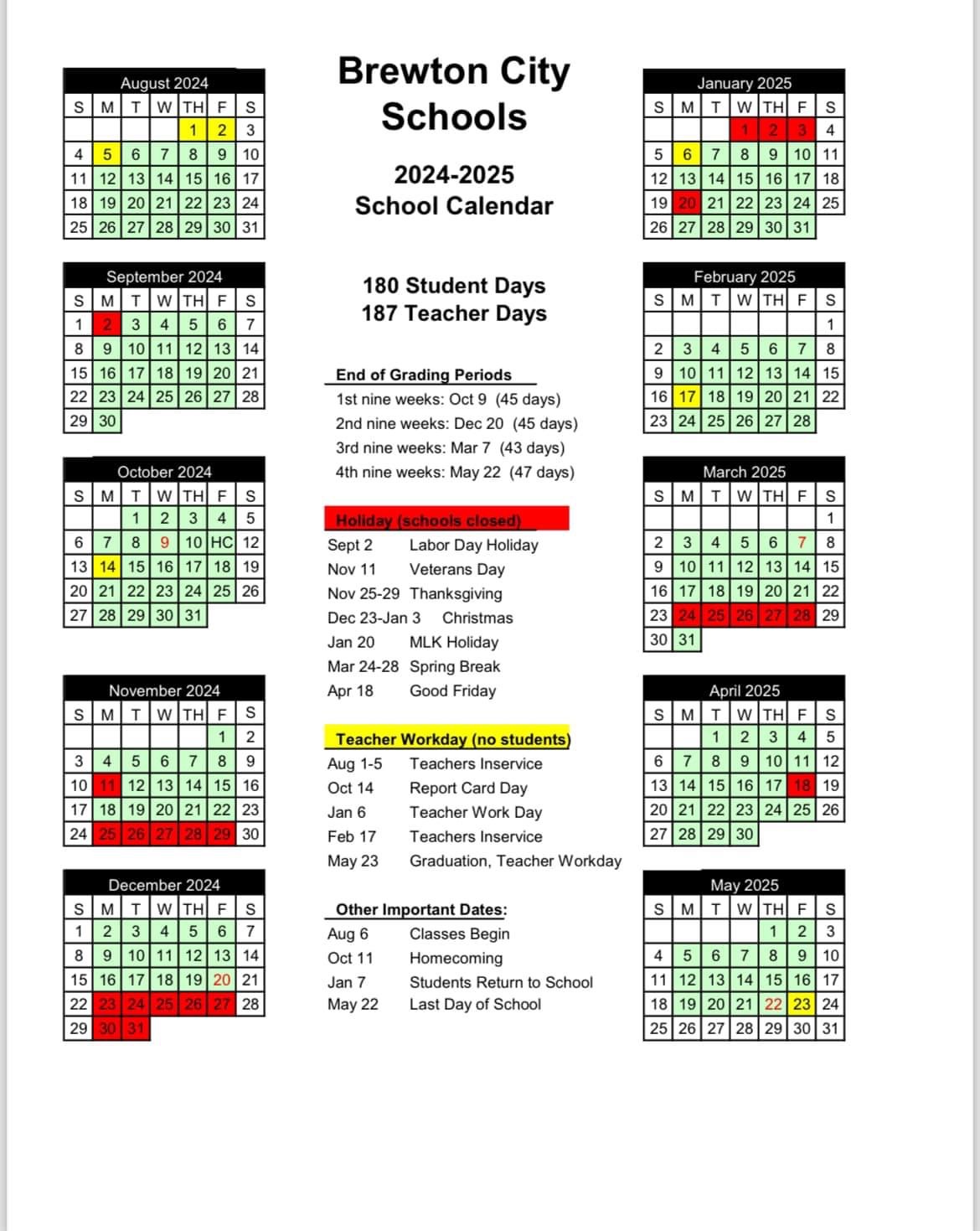 2024-25 BCS School Calendar | Brewton City Schools