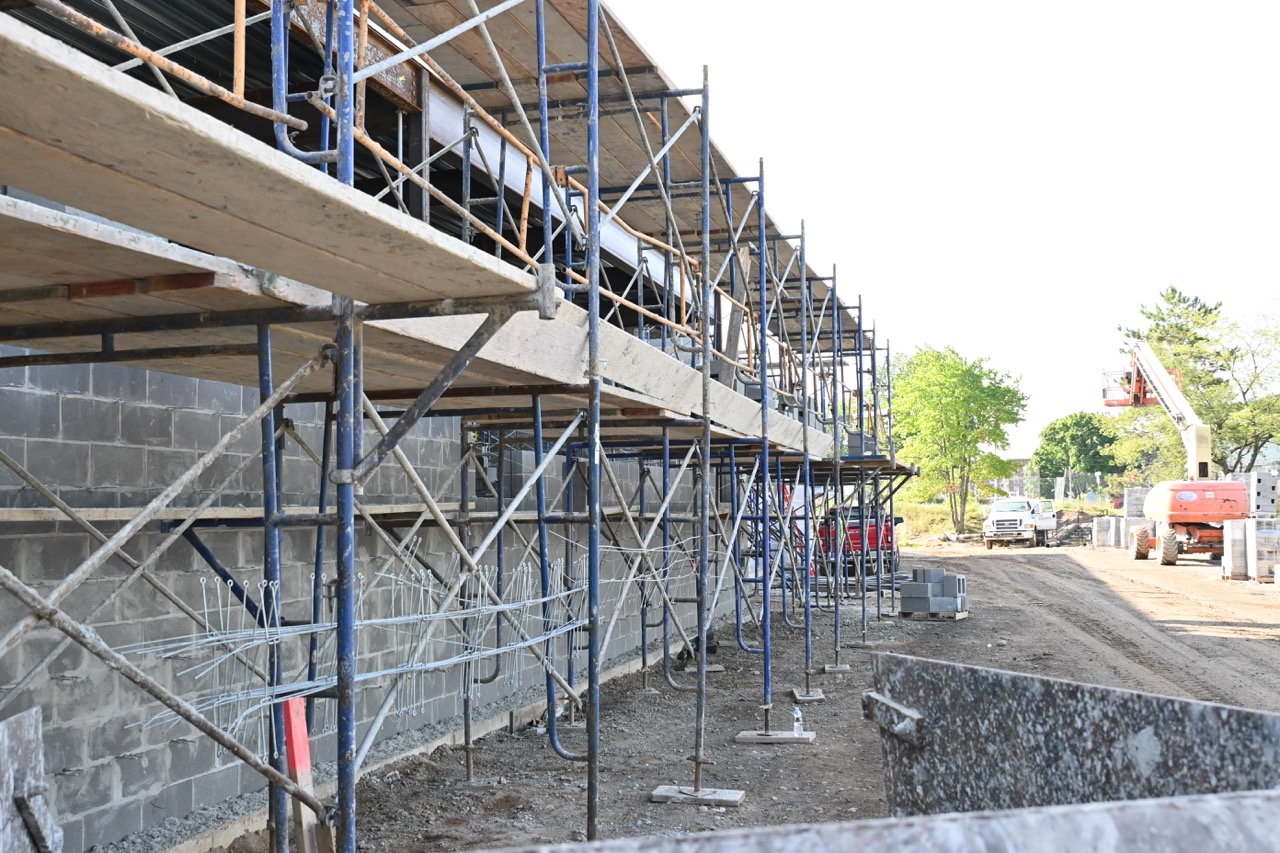 Scaffolding outside the cafeteria wall