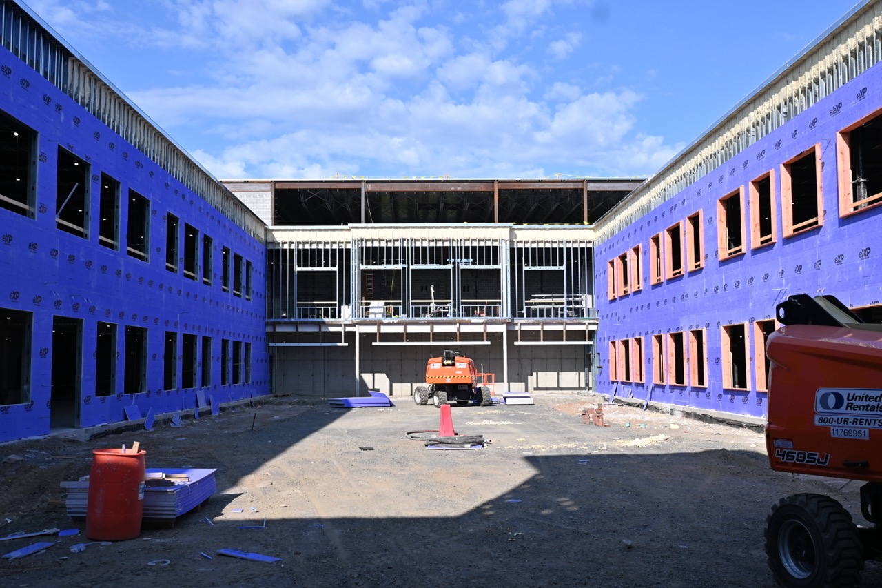 Looking into the courtyard with the slate walls installed