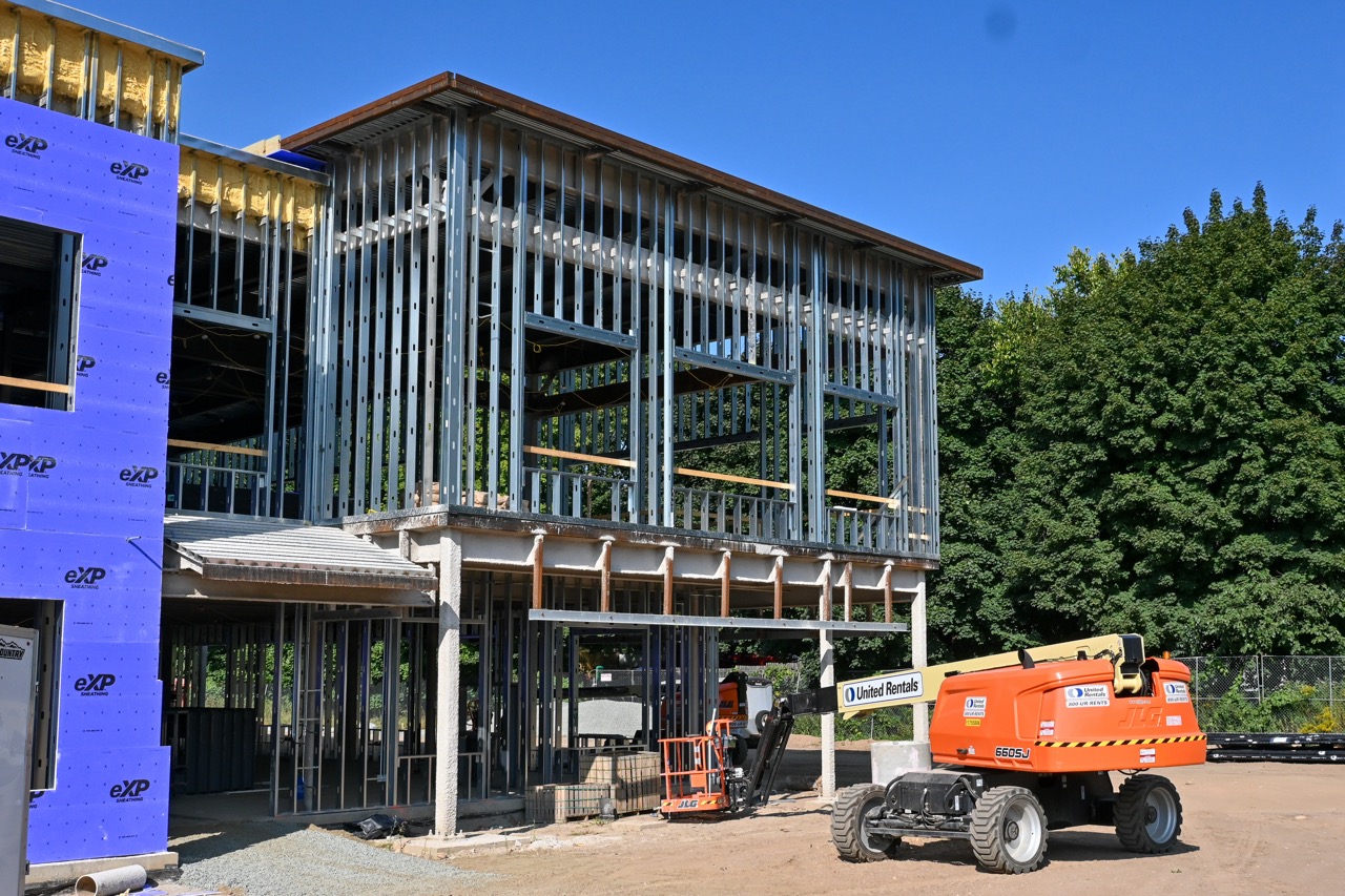 An outside look at a corner of the school that has not been closed in yet