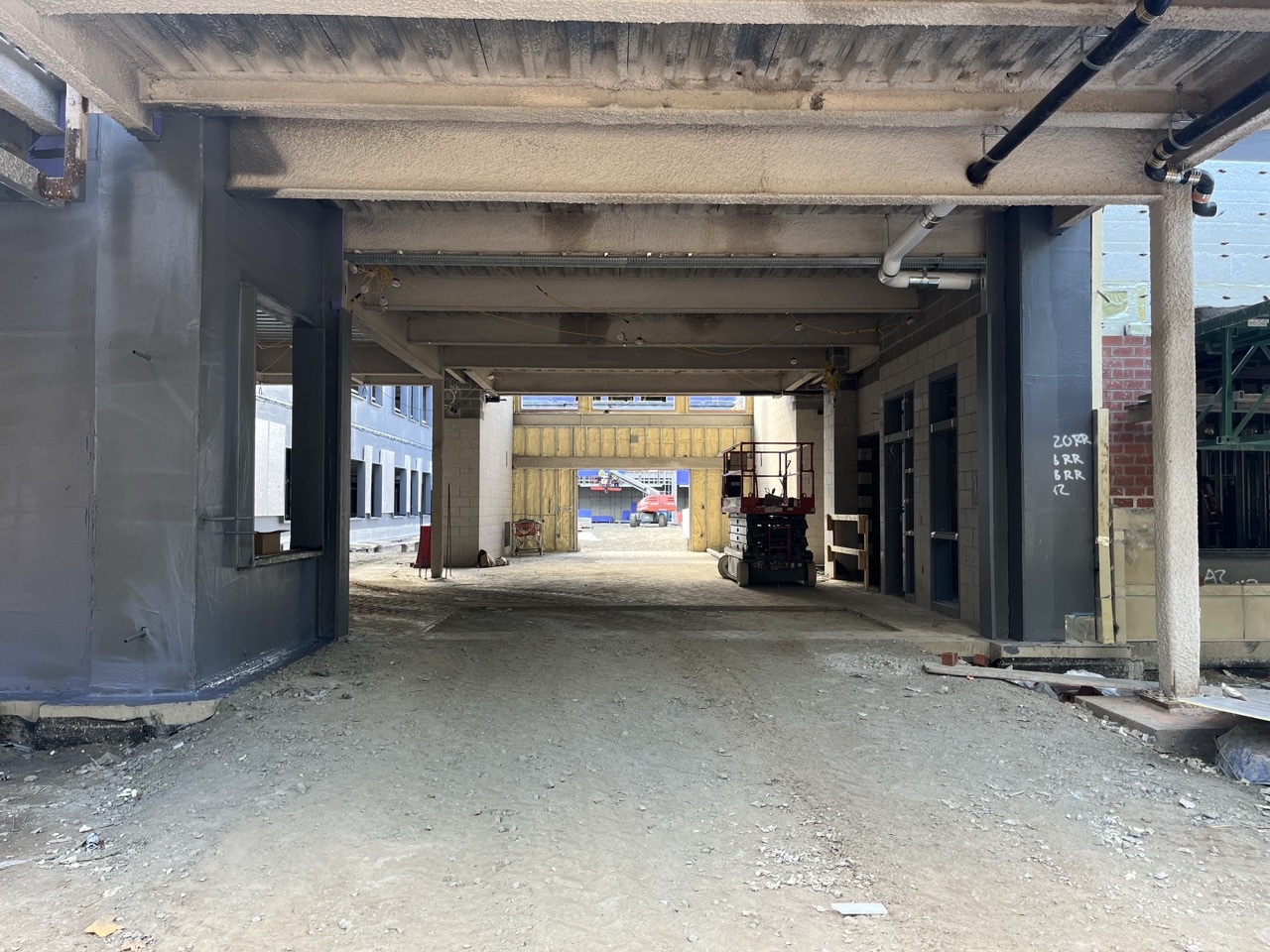 A shot of the interior with insulated beams