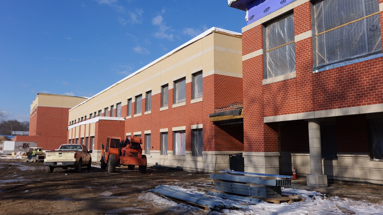 Exterior view of the middle school with completed brickwork