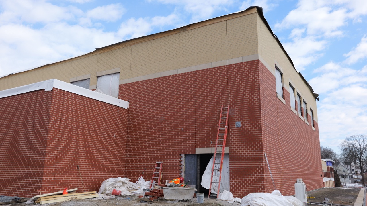 A ladder leans against a tall exterior wall