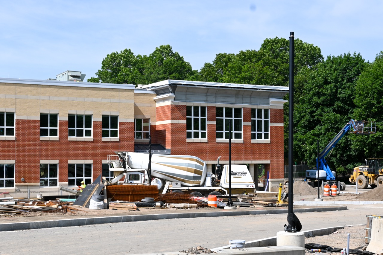 The exterior of the new middle school from the parking lot