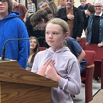 Riley Daniel, a 4th-grade student at Abingdon Elementary School, for leading us in the Pledge of Allegiance with confidence and pride. You're a shining example of leadership in our school community!