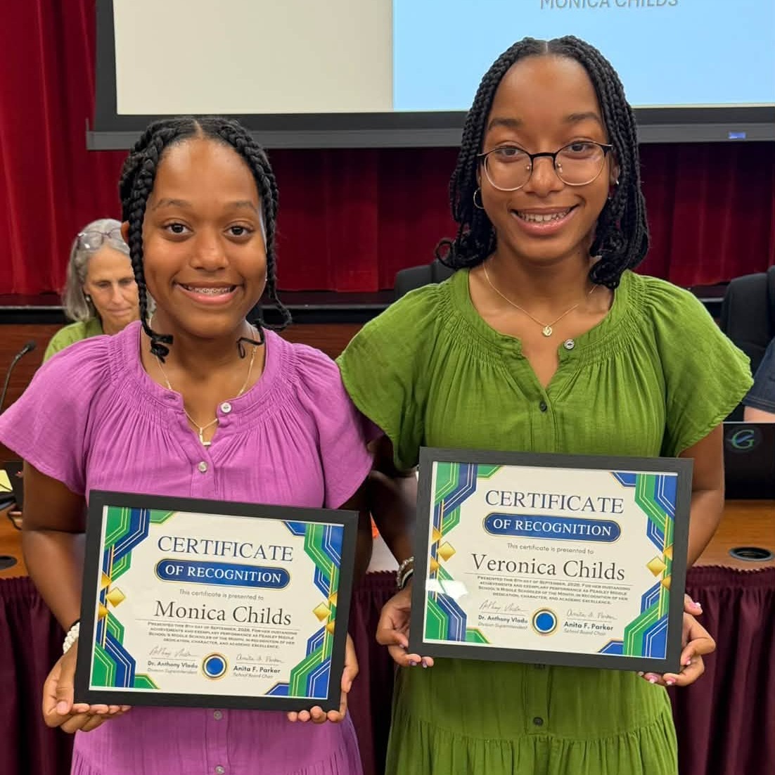 Monica and Veronica Childs were named Middle Schoolers of the Month for their academic achievement, responsibility, leadership, and service to Peasley Middle School. September 2026