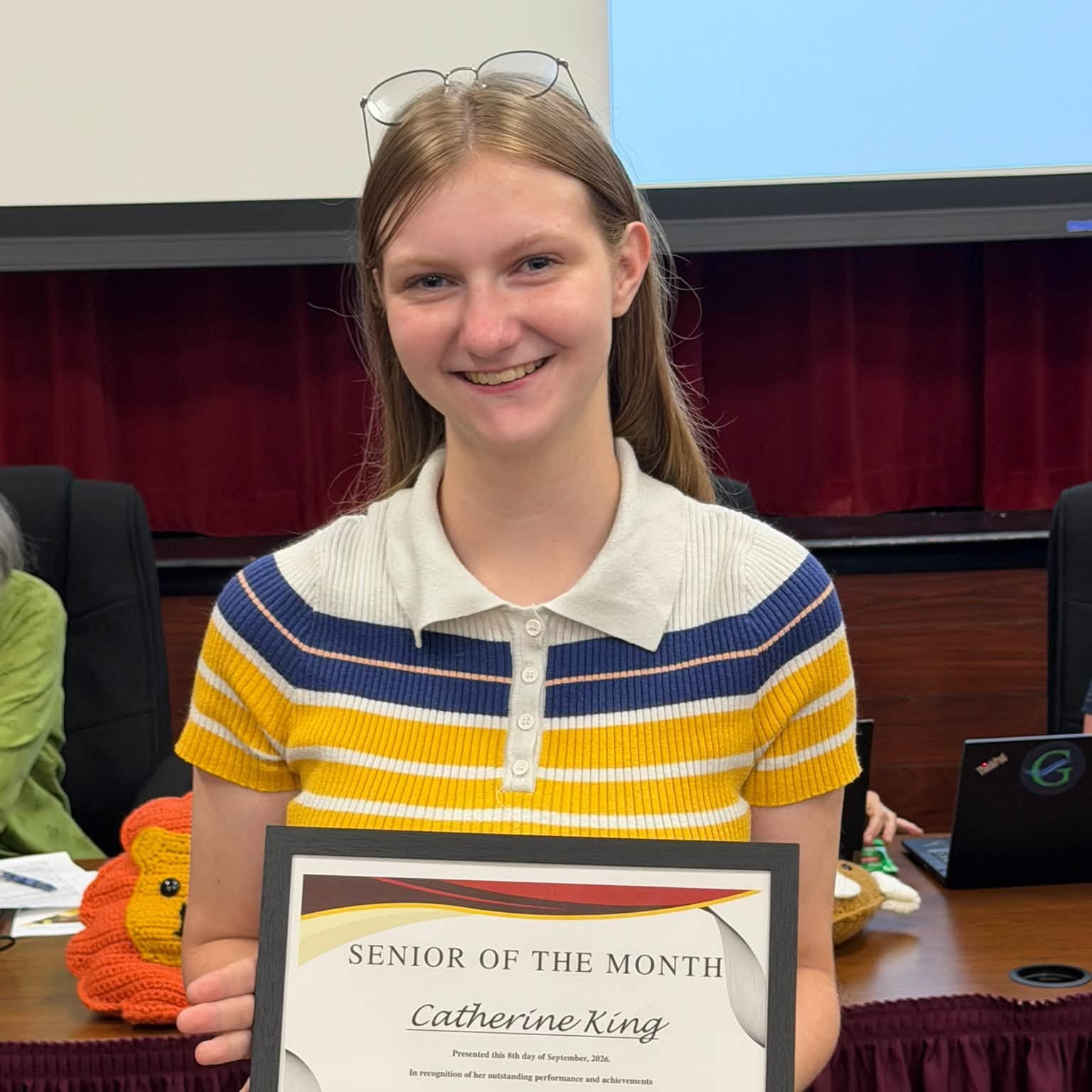 Gloucester High School senior Catherine King was named Senior of the Month. Catherine is an accomplished scholar, musician, drum major, and community volunteer who plans to pursue a degree in music therapy.