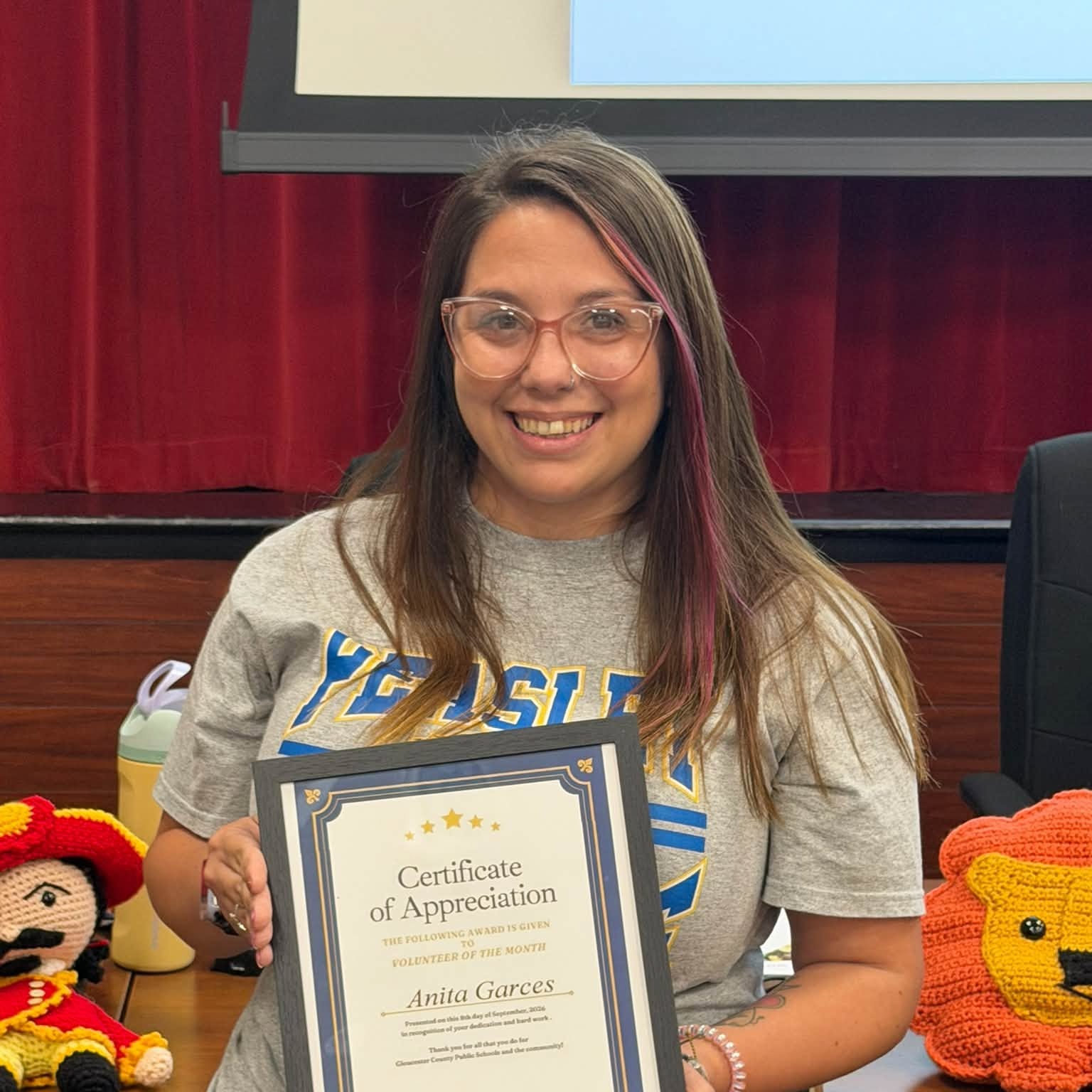 Peasley PTA President Anita Garces was recognized as Community Volunteer of the Month for supporting students and staff while strengthening connections between families and the school.