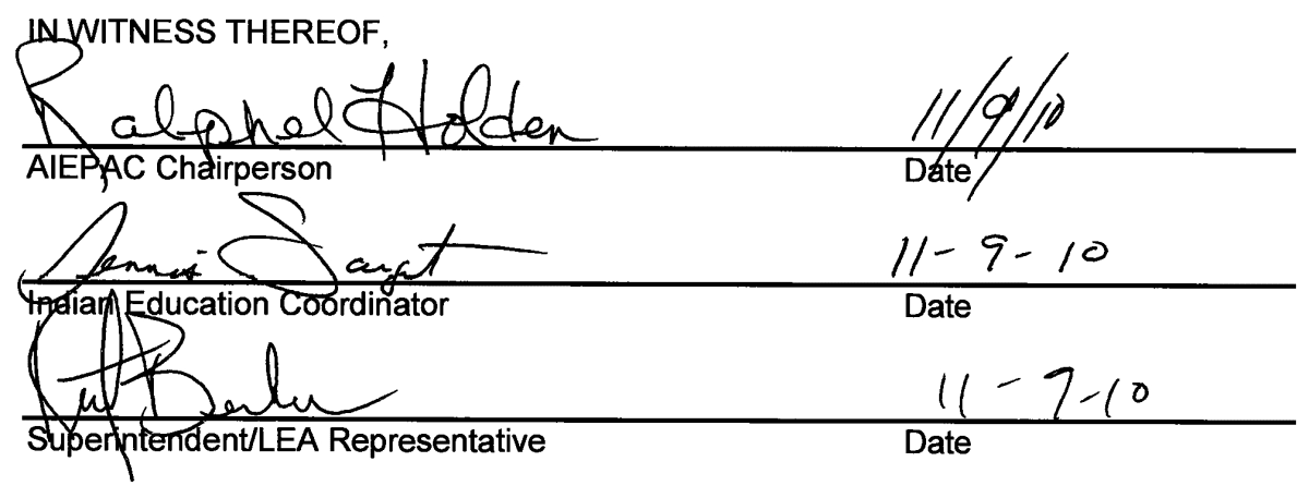 Signatures of the AIEPAC Chairperson, Indian Education Coordinator, and Superintendent/LEA Representative