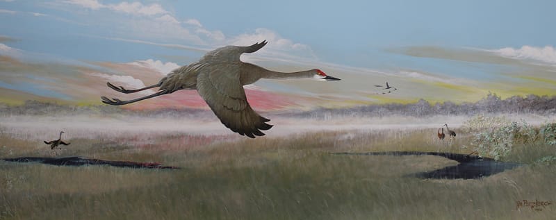 painting of cranes flying