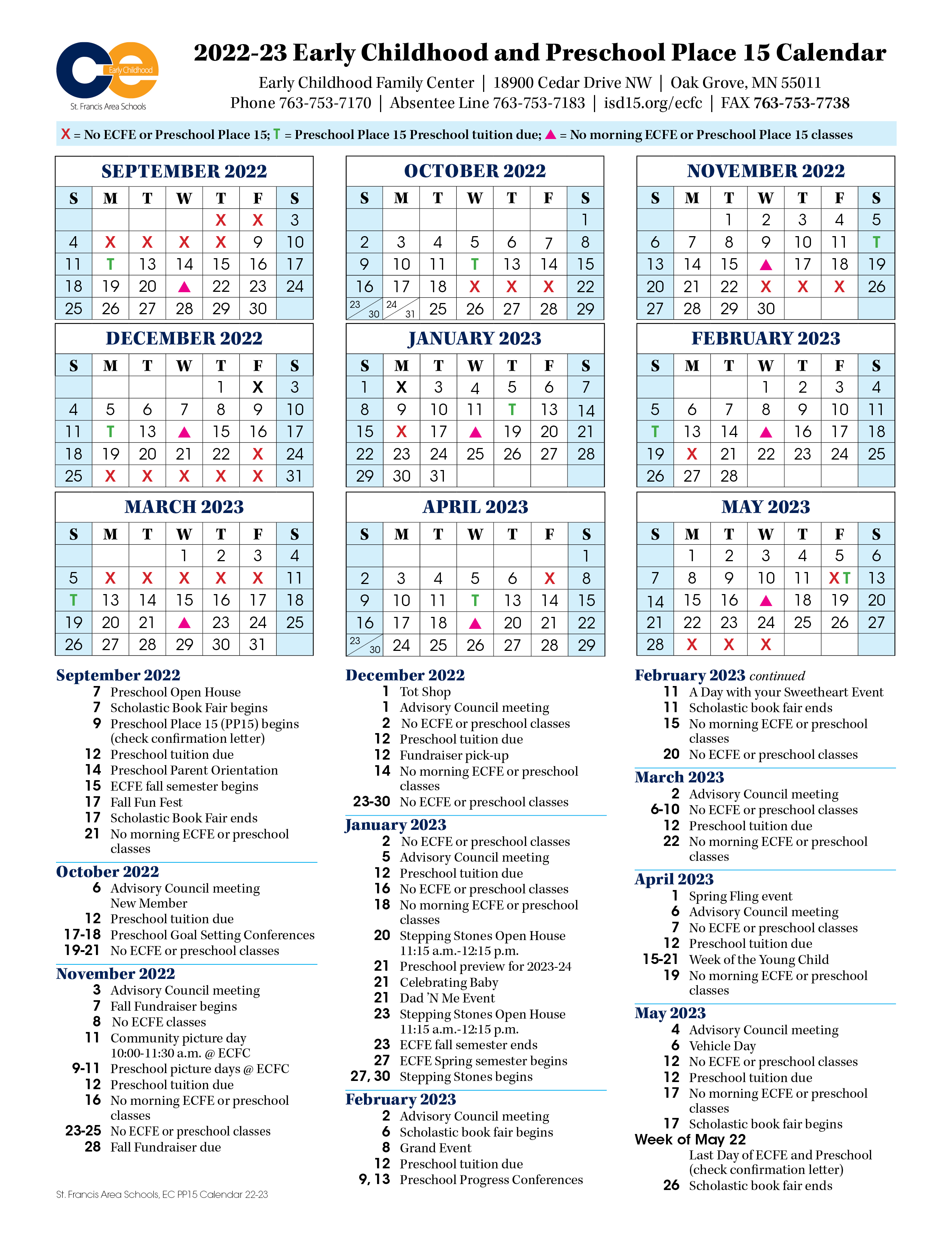 ECFE & Preschool Place 15 calendar for 2022-23 school year
