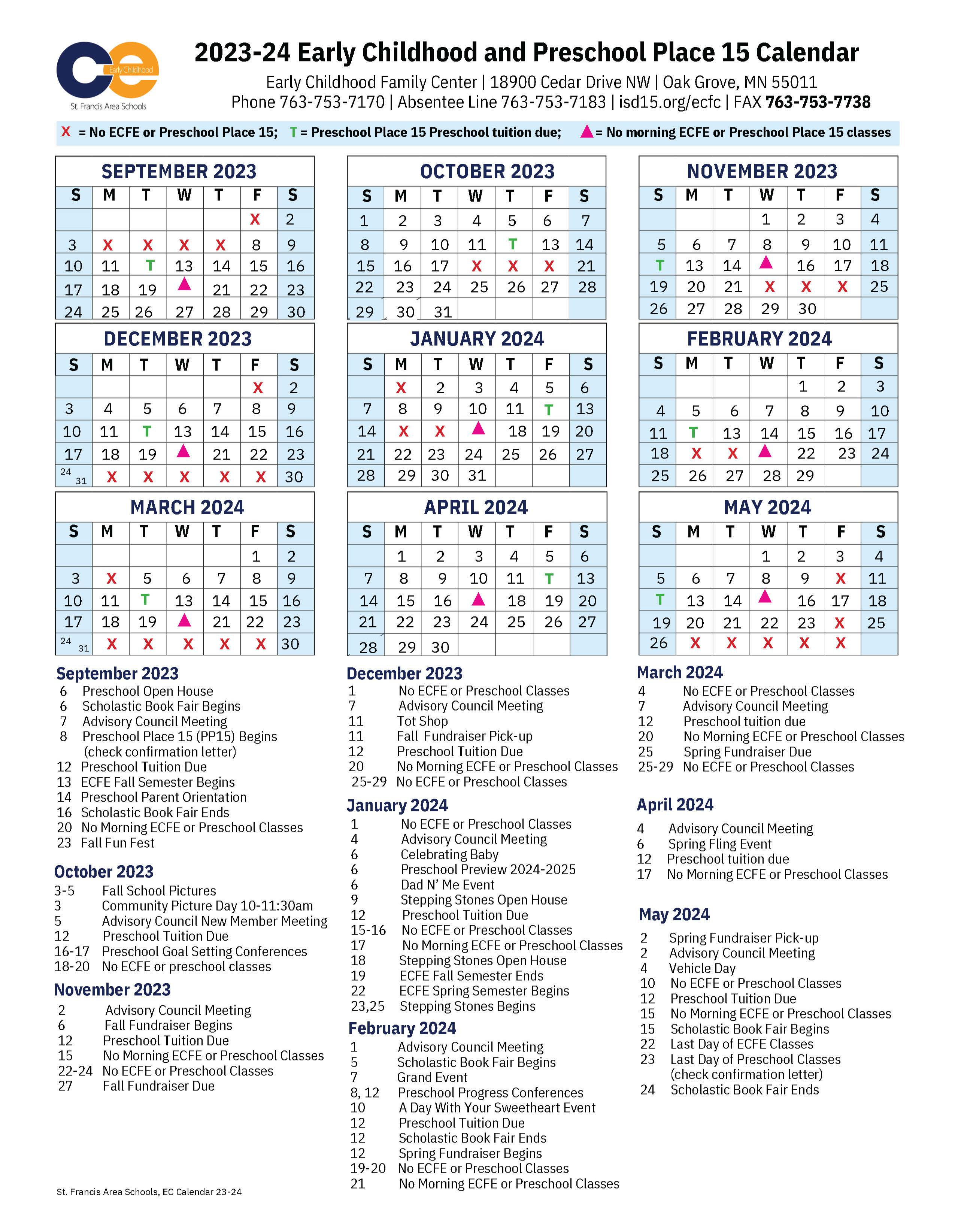 ECFE & Preschool Place 15 calendar for 2023-24 school year