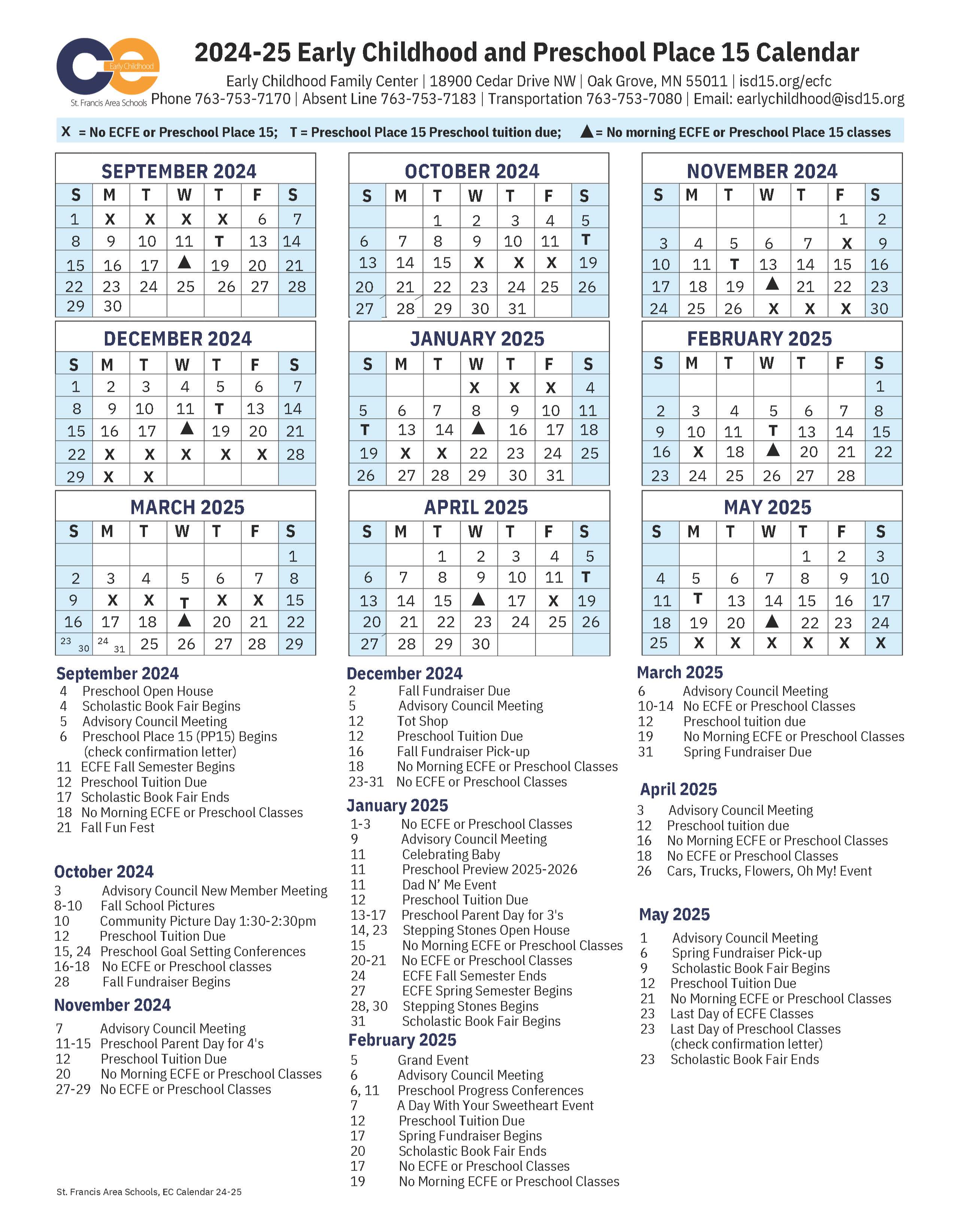 ECFE & Preschool Place 15 calendar for 2023-24 school year