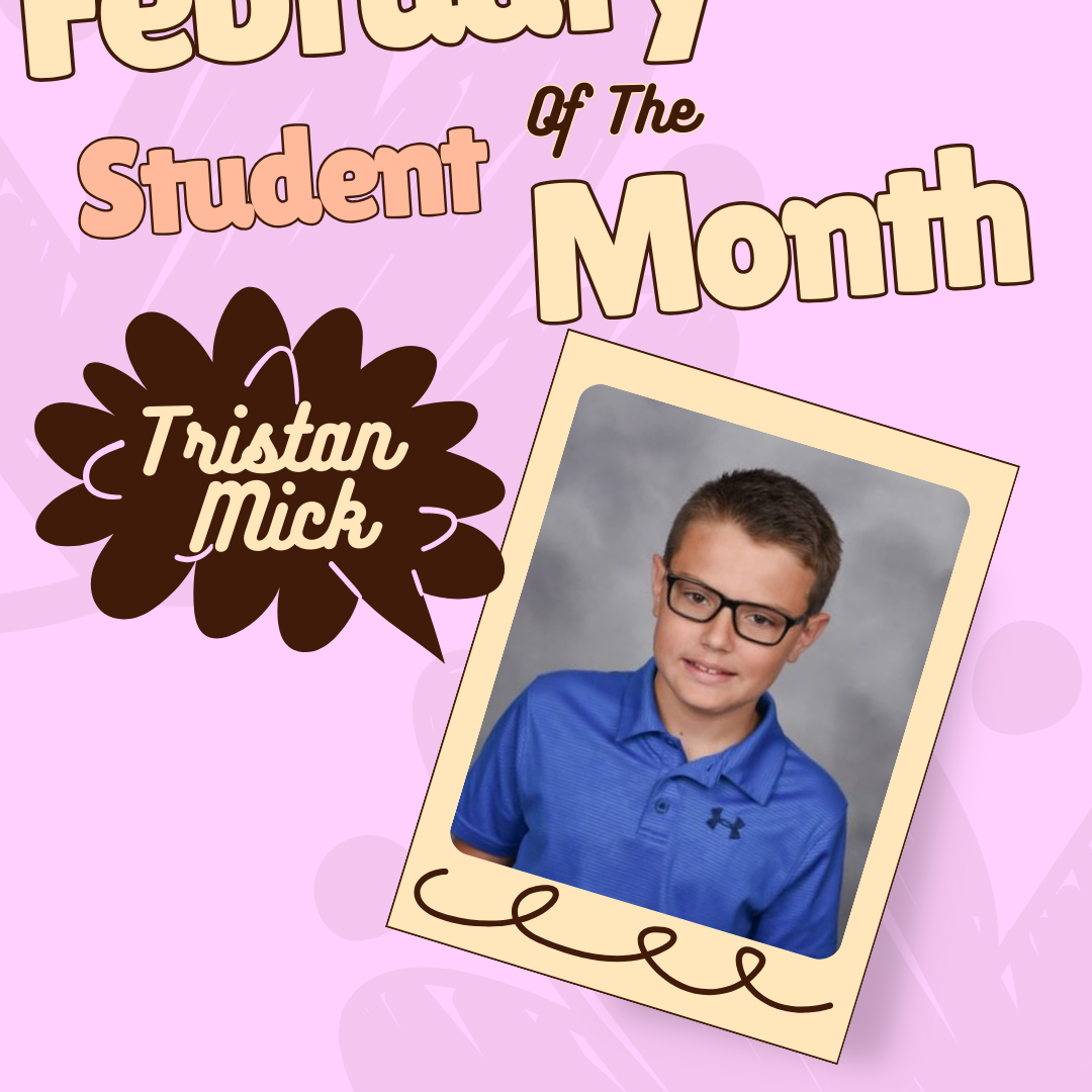 A pink banner says "February Student of the Month". A photo of a smiling boy with glasses and a blue polo shirt is displayed.