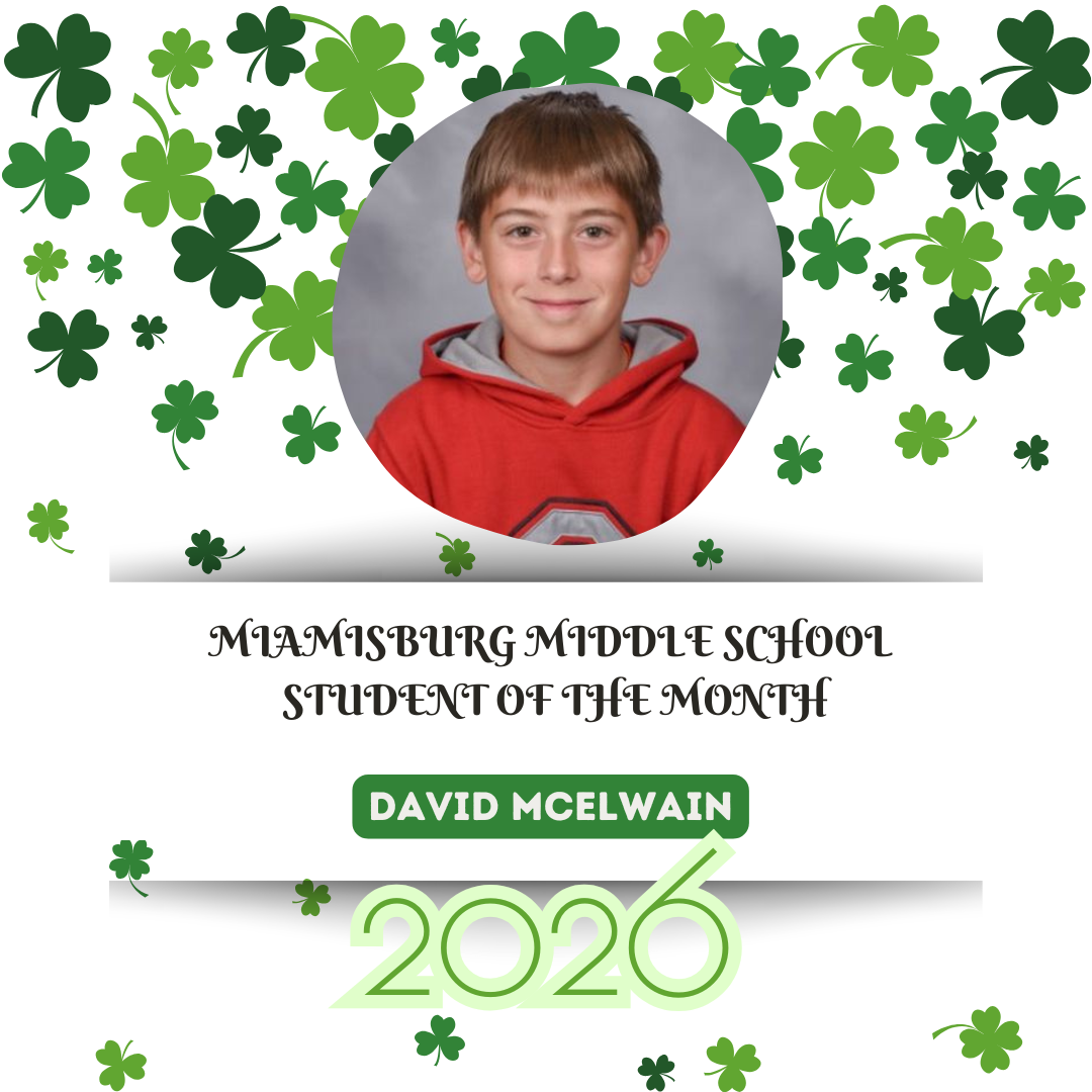 A circular photo of a young boy with a red hoodie, surrounded by green shamrocks. Below, "Student of the Month" text and name.