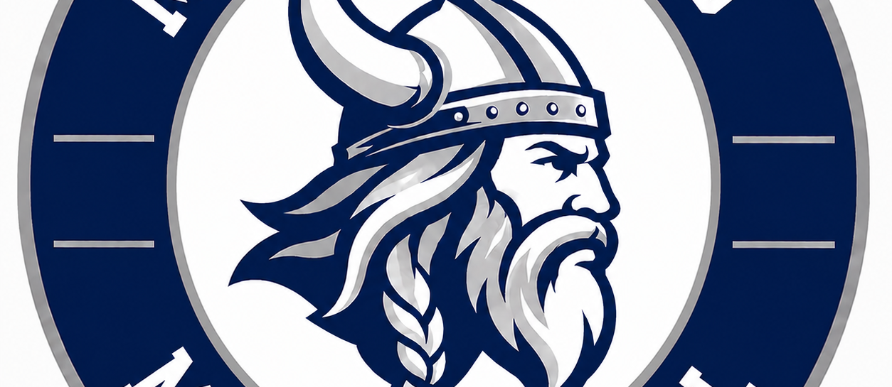 Logo with blue and white colors. A stylized Viking head is in the center, wearing a horned helmet. Text reads "MIAMISBURG MIDDLE SCHOOL".