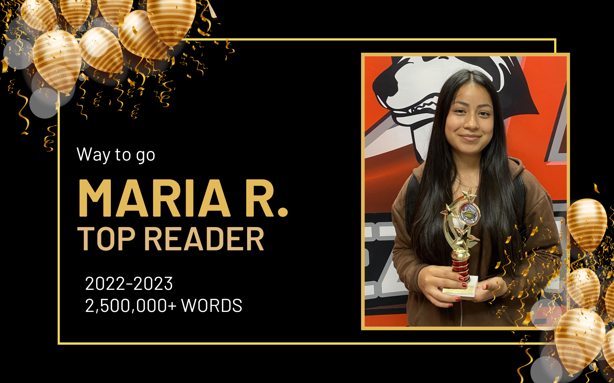 Congratulations 2022-2023 top reader Maria R; 2,500,000+ words