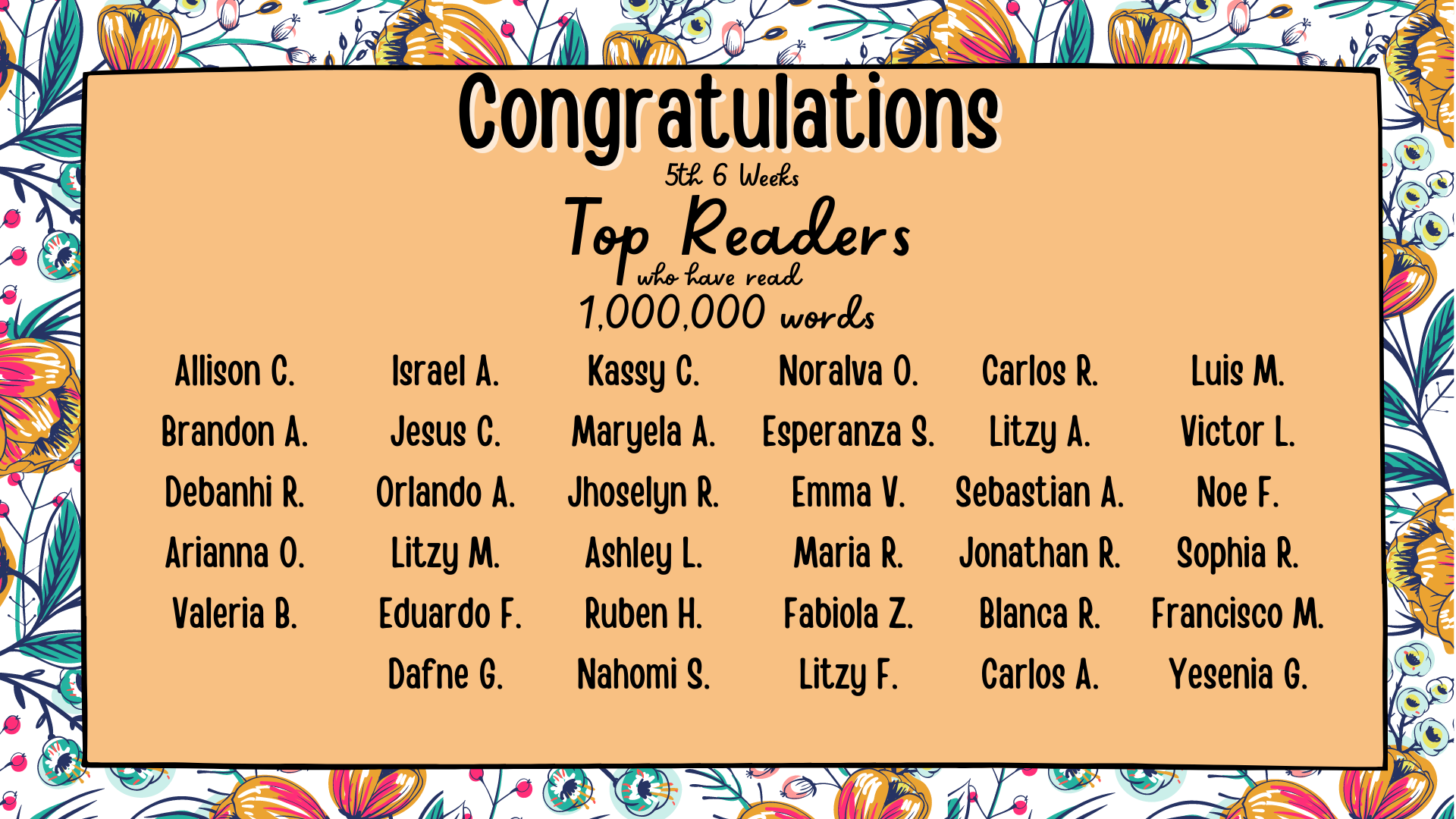 Congratulations 5th 6 weeks top readers who have read more than 1,000,000 words. List of student names