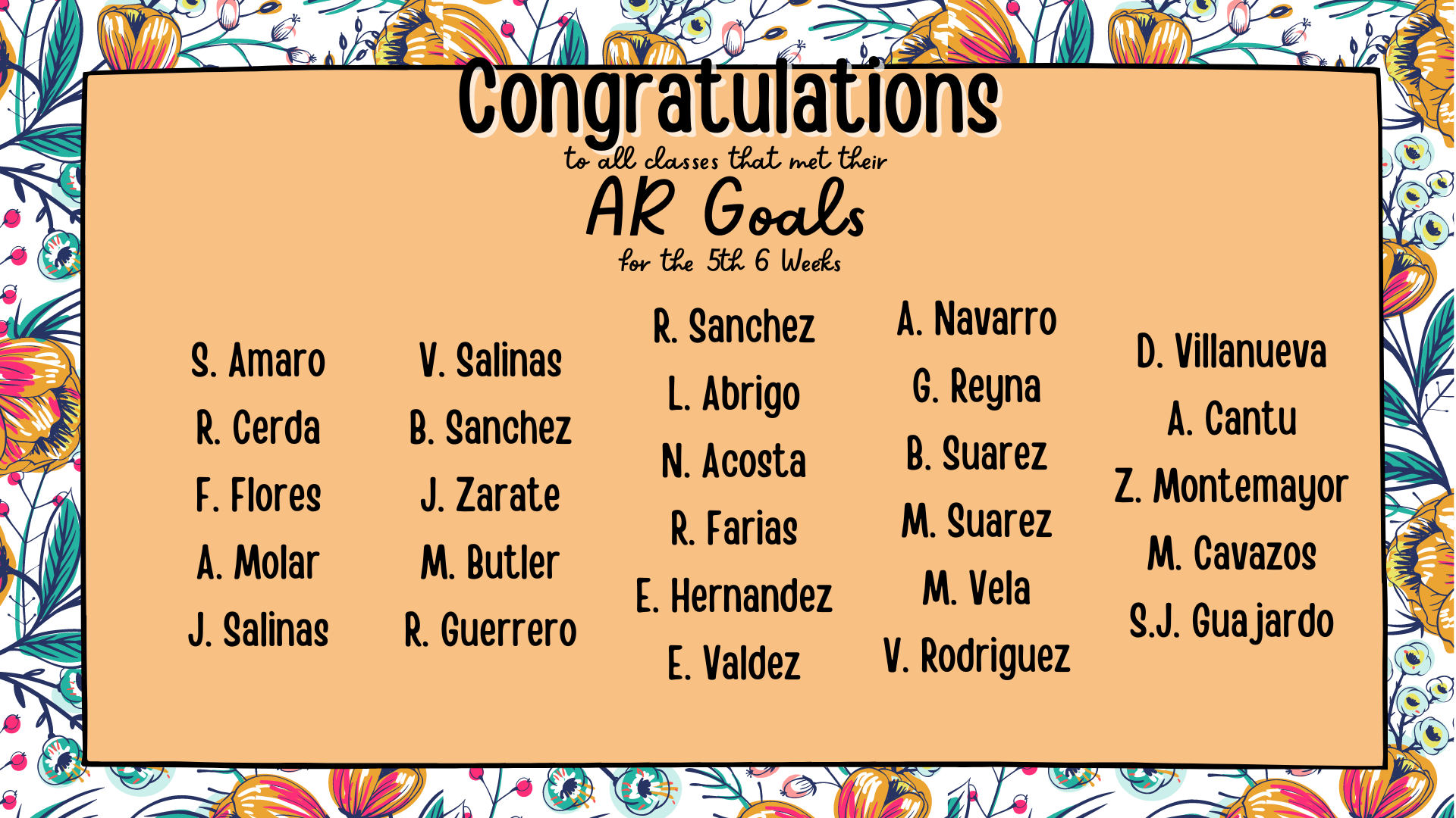 Congratulations to all classes who met their AR Goals for the 5th 6 weeks! List of teacher names