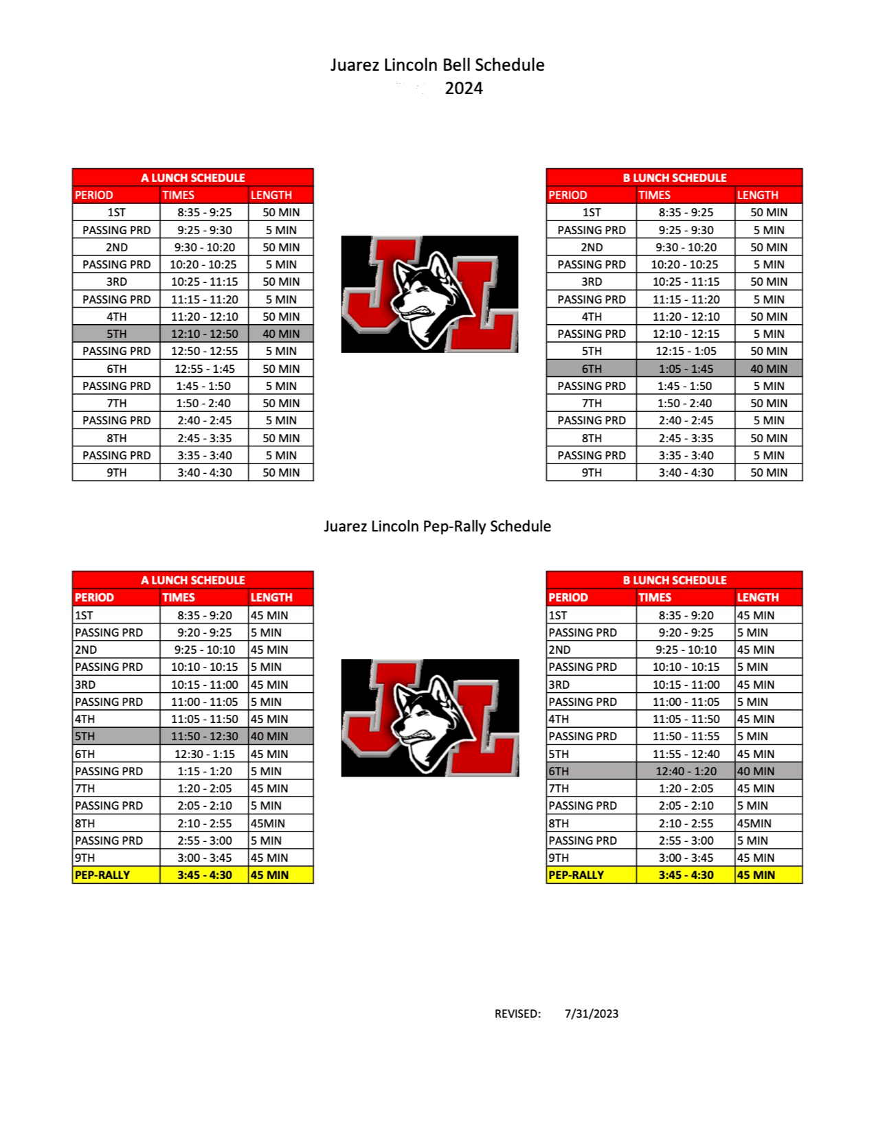 JLHS 2024-2025 Bell Schedule