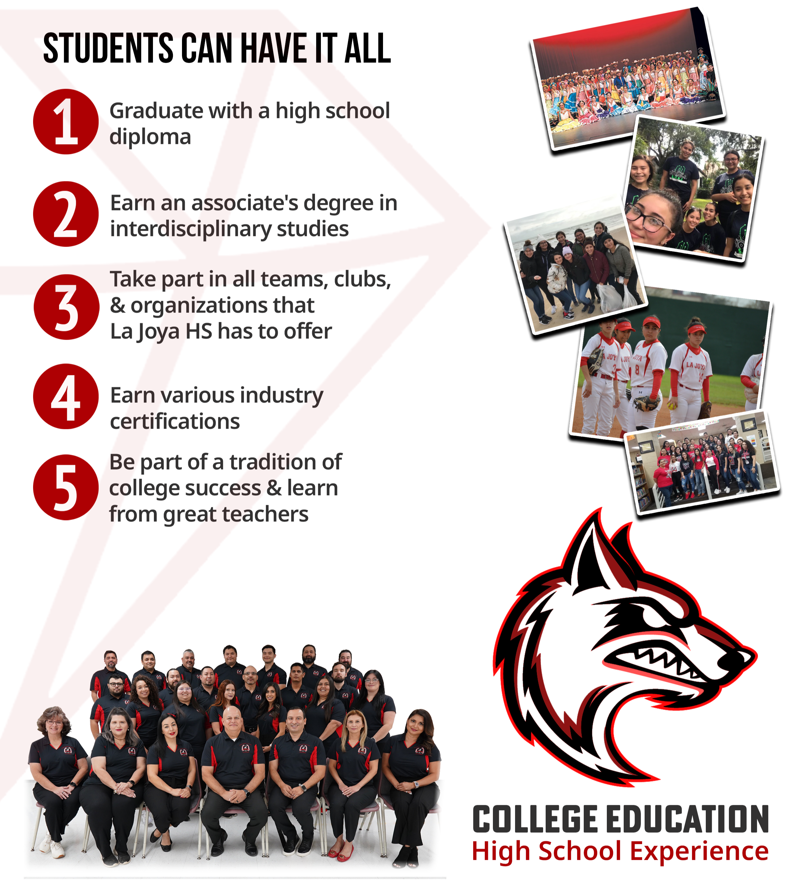 Top 5 Reasons to Join ECHS: 1 Graduate with a high school diploma. 2 Earn an associate's degree in interdisciplinary studies. 3 Take part in all teams, clubs, & organizations that La Joya HS has to offer. 4 Earn various industry certifications. 5 Be part of a tradition of college success & learn from great teachers