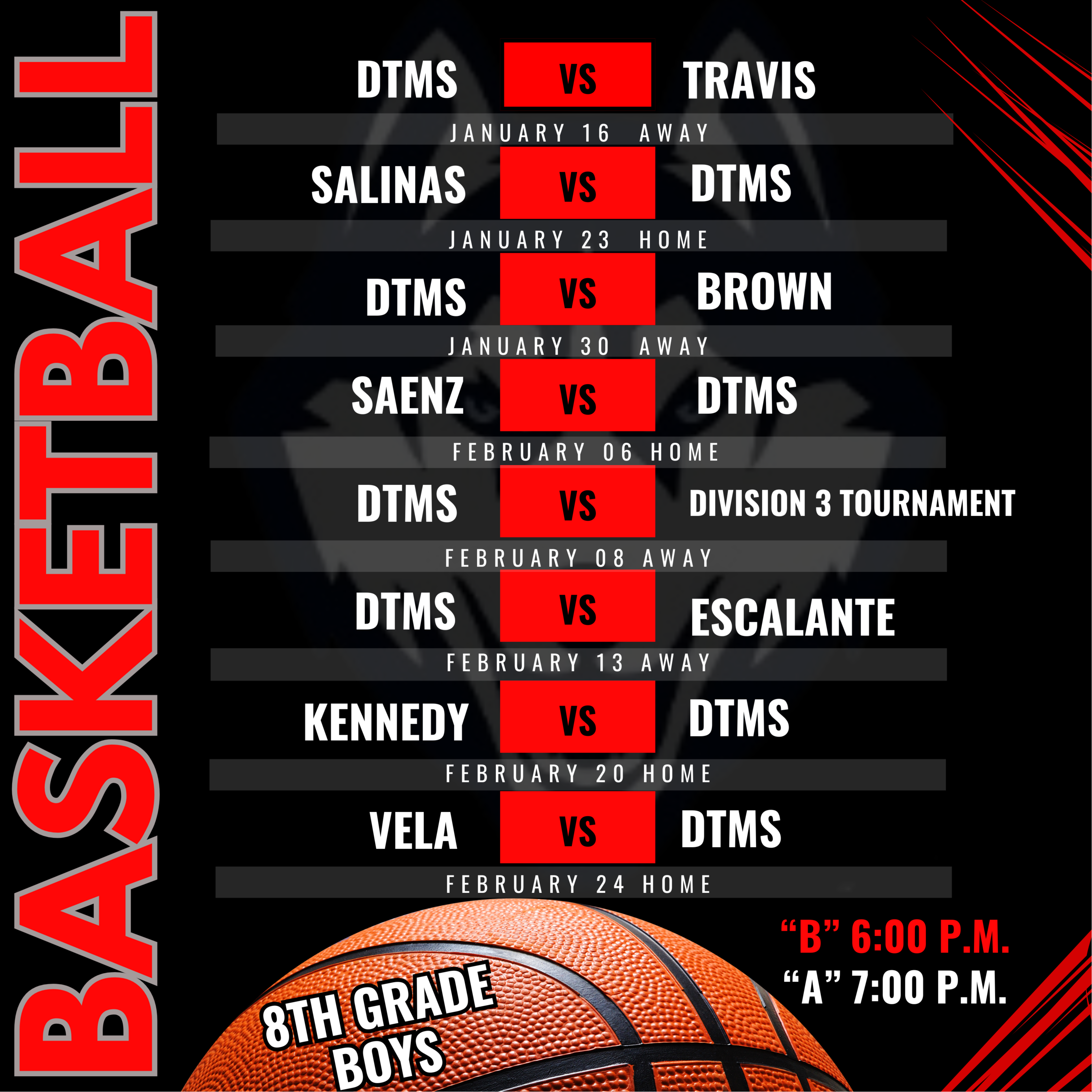 DTMS 8th Grade Boys Basketball Schedule