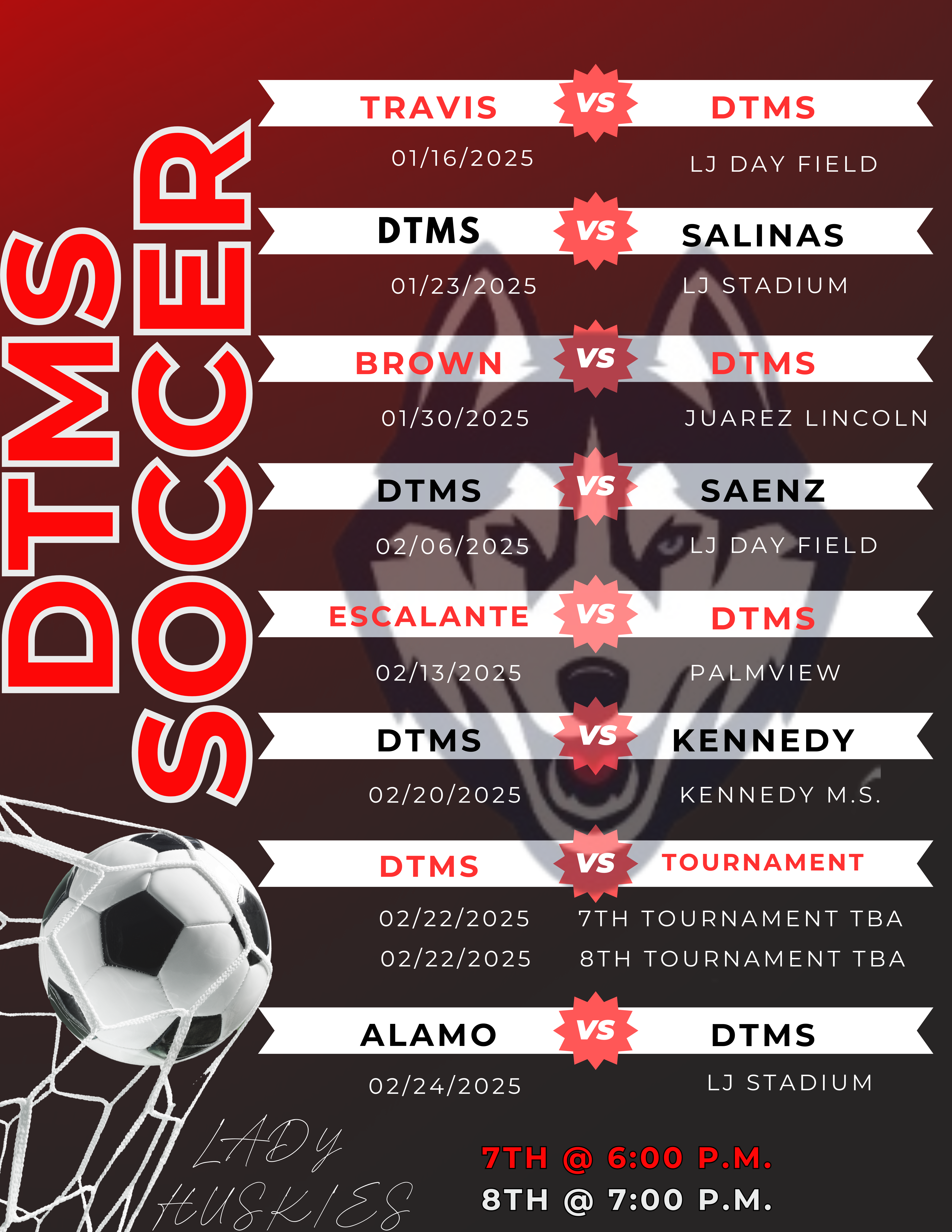 DTMS 8th/7th Grade Girls Soccer Schedule