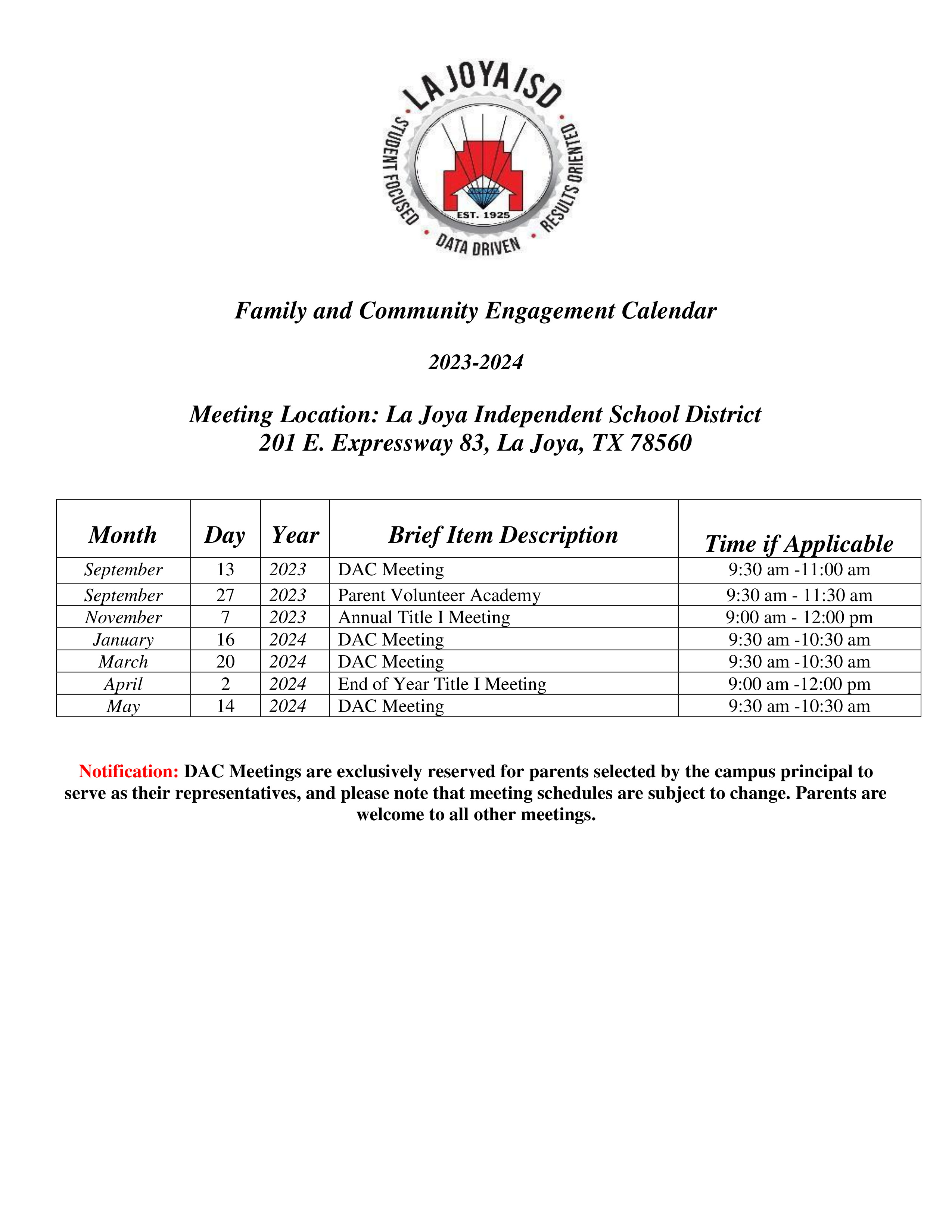 Family and Community Engagement Calendar  2023-2024