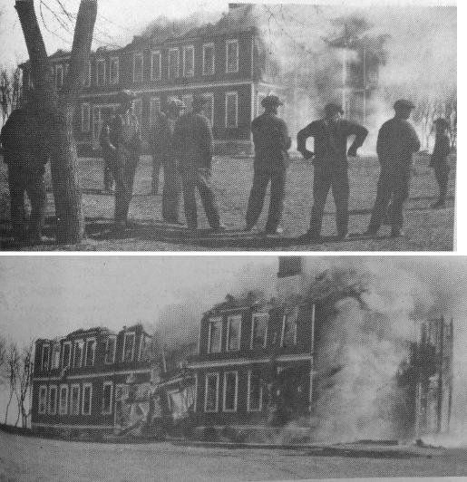 two photos of the building on fire while community members watch