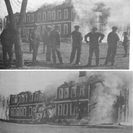 men fight a fire in a black and white photo