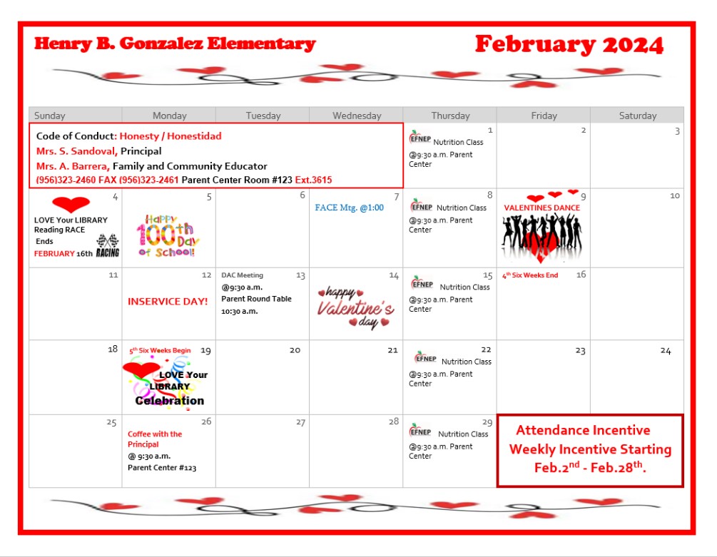 Parental Involvement Monthly Calendar | Henry B. Gonzalez Elementary School