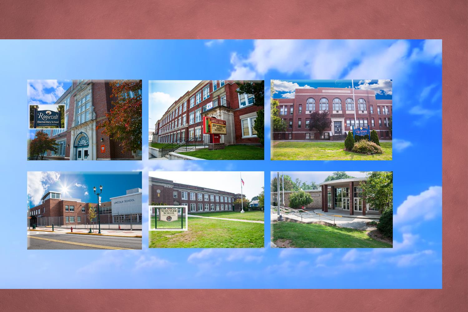 collage of photos of each school building. Each building is tall with brown brick and many windows