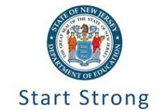 The state of New Jersey Seal with the words start strong under int in blue letters.