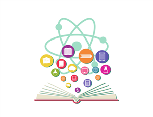 clip art of an open book with atoms and other learning icons spilling out from the pages
