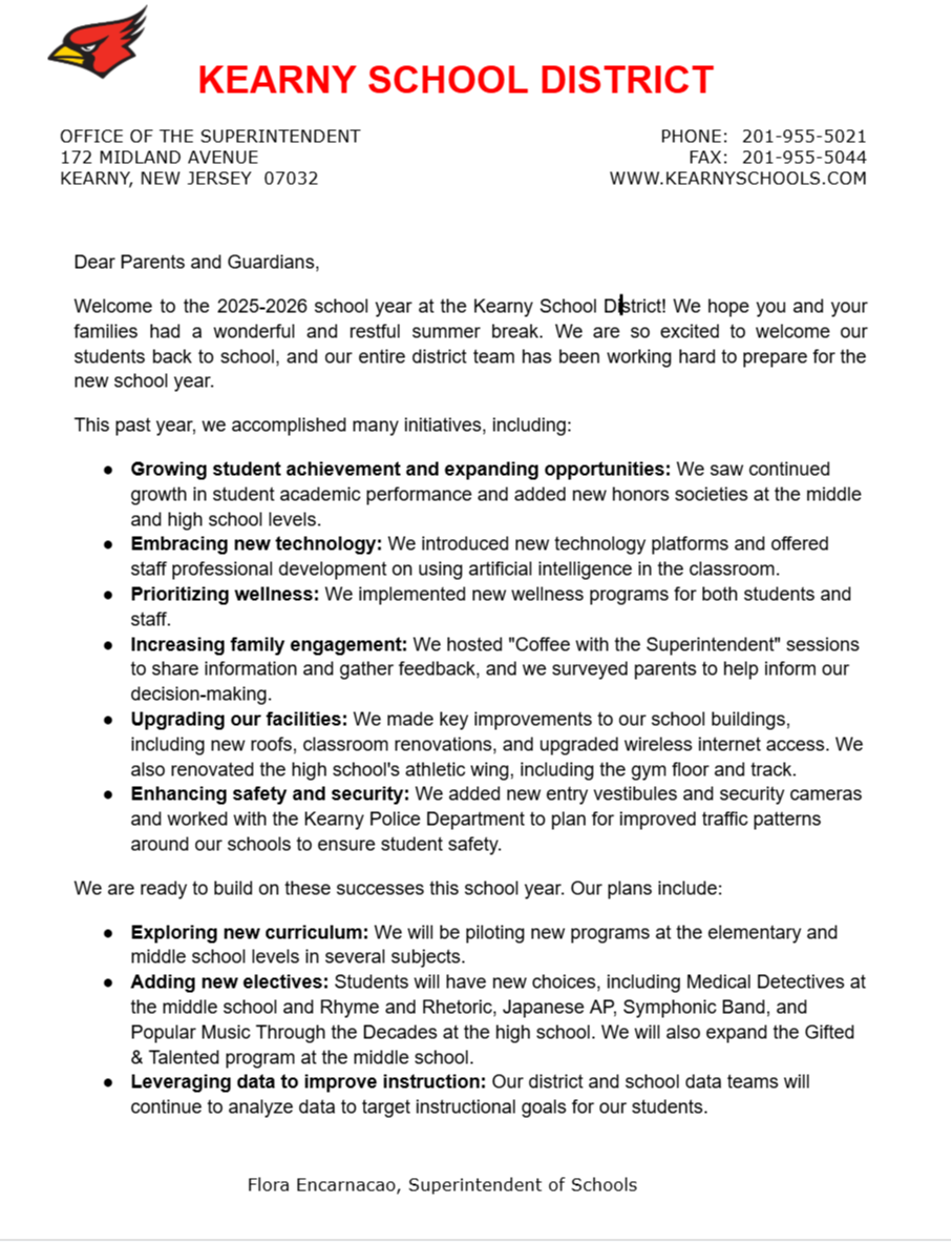 Welcome Back Letter