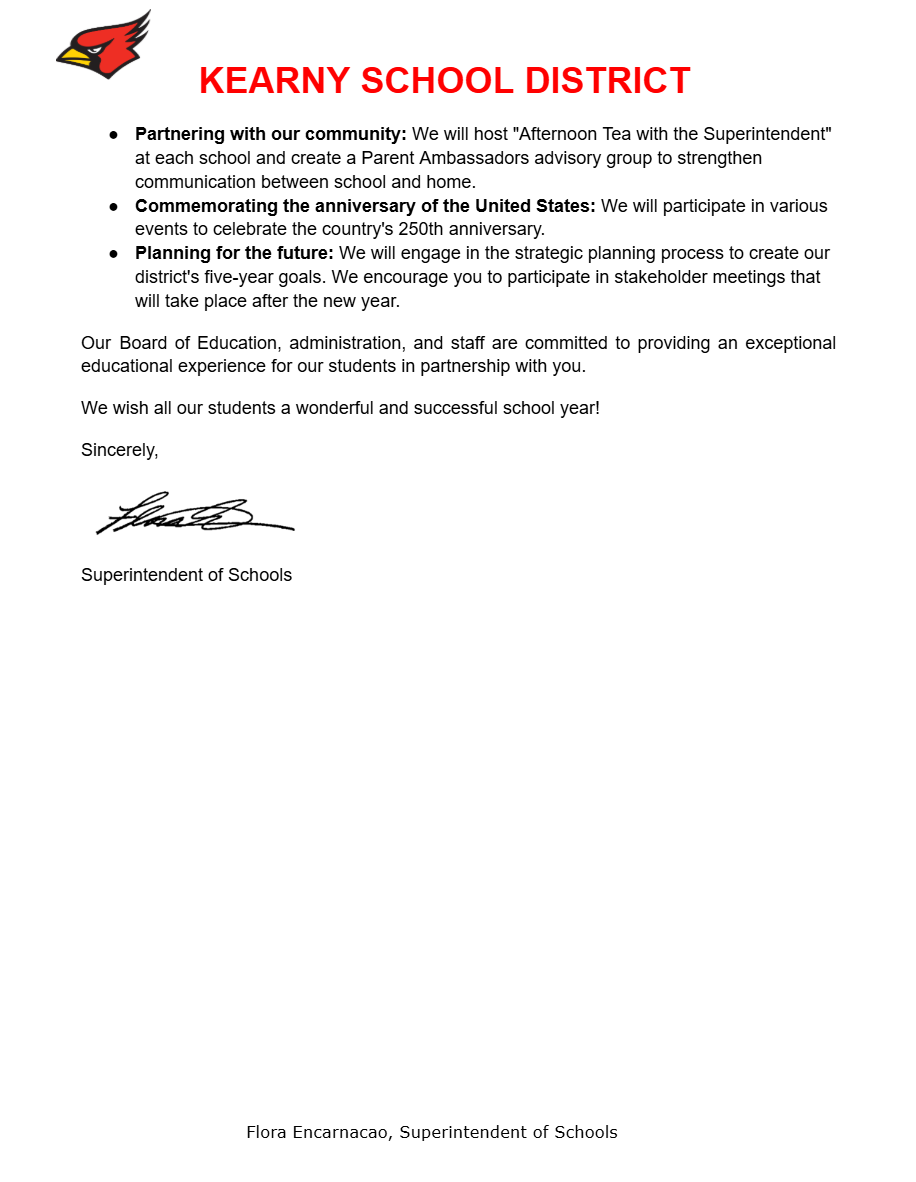Welcome Back Letter