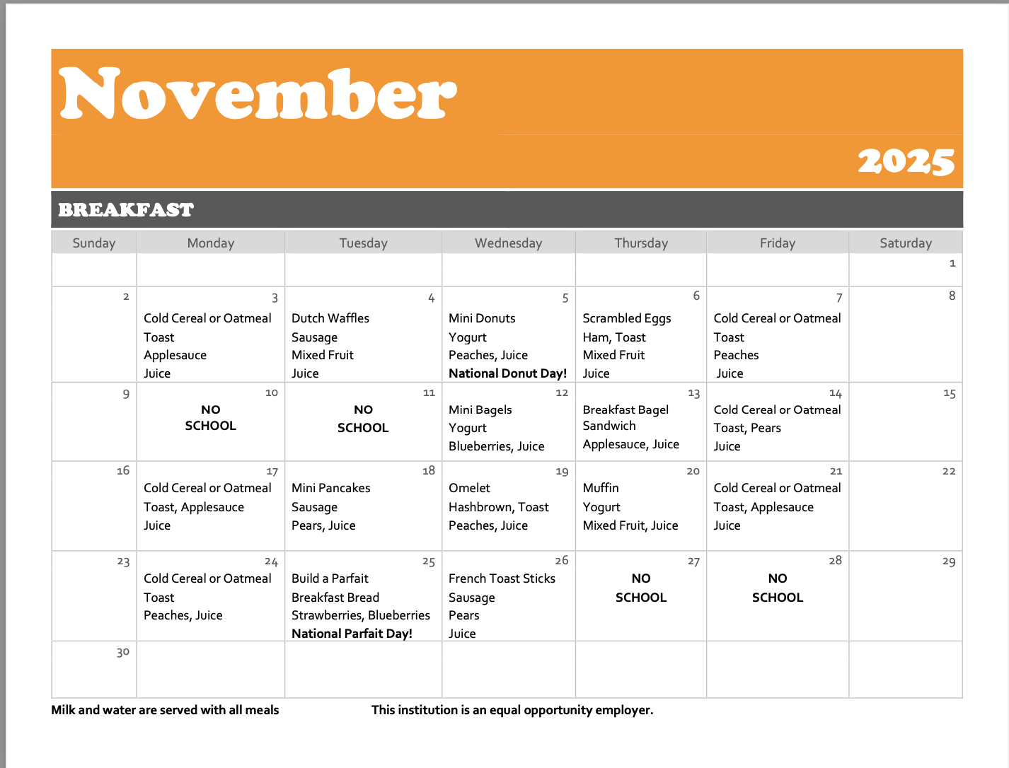 November Breakfast Menu
